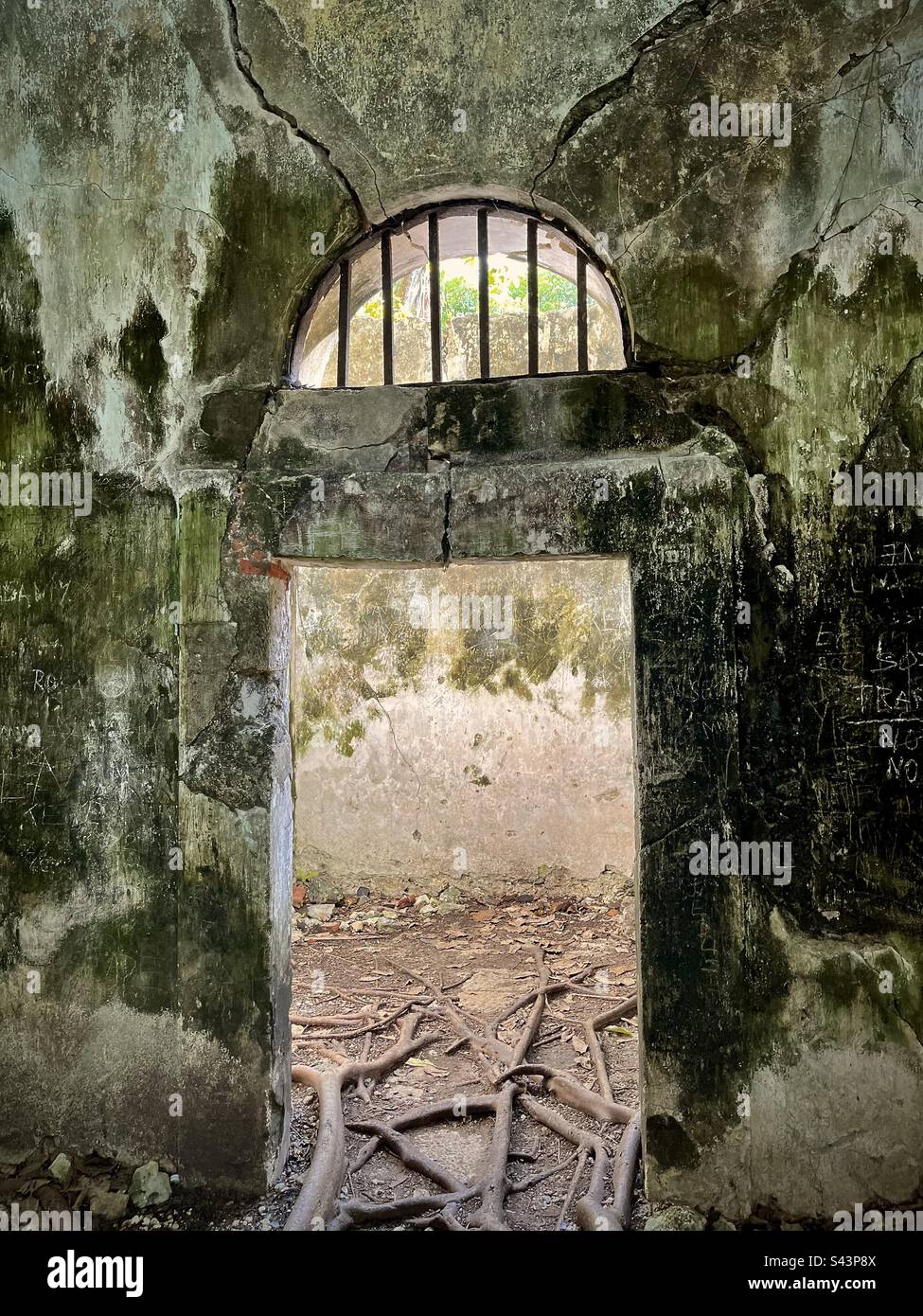 Ruins of a historic site of slavery with a view of an entrance with