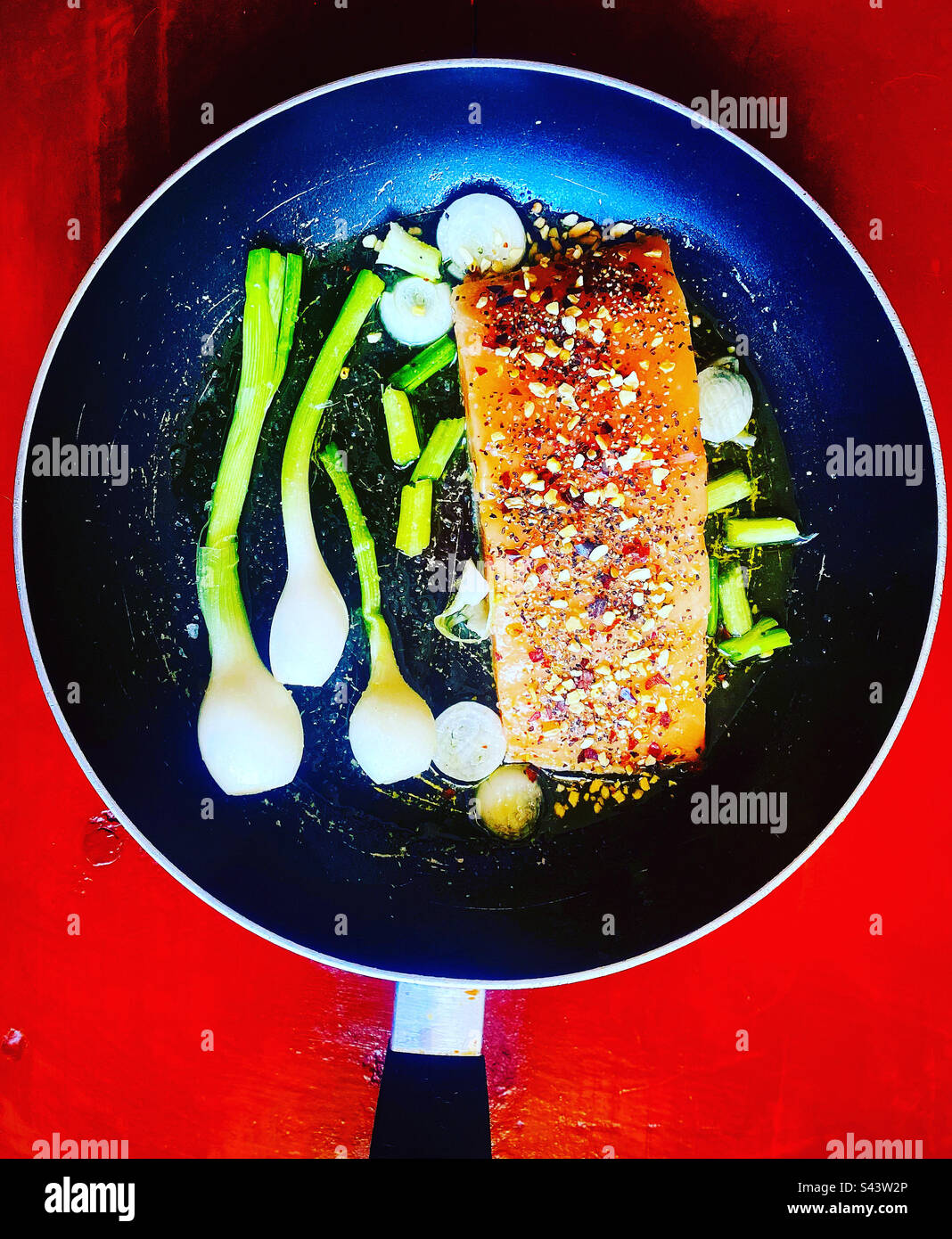 A salmon filet with herbs and onion ready to be grilled in Queretaro, Mexico - Smartphone Captured Stock Image