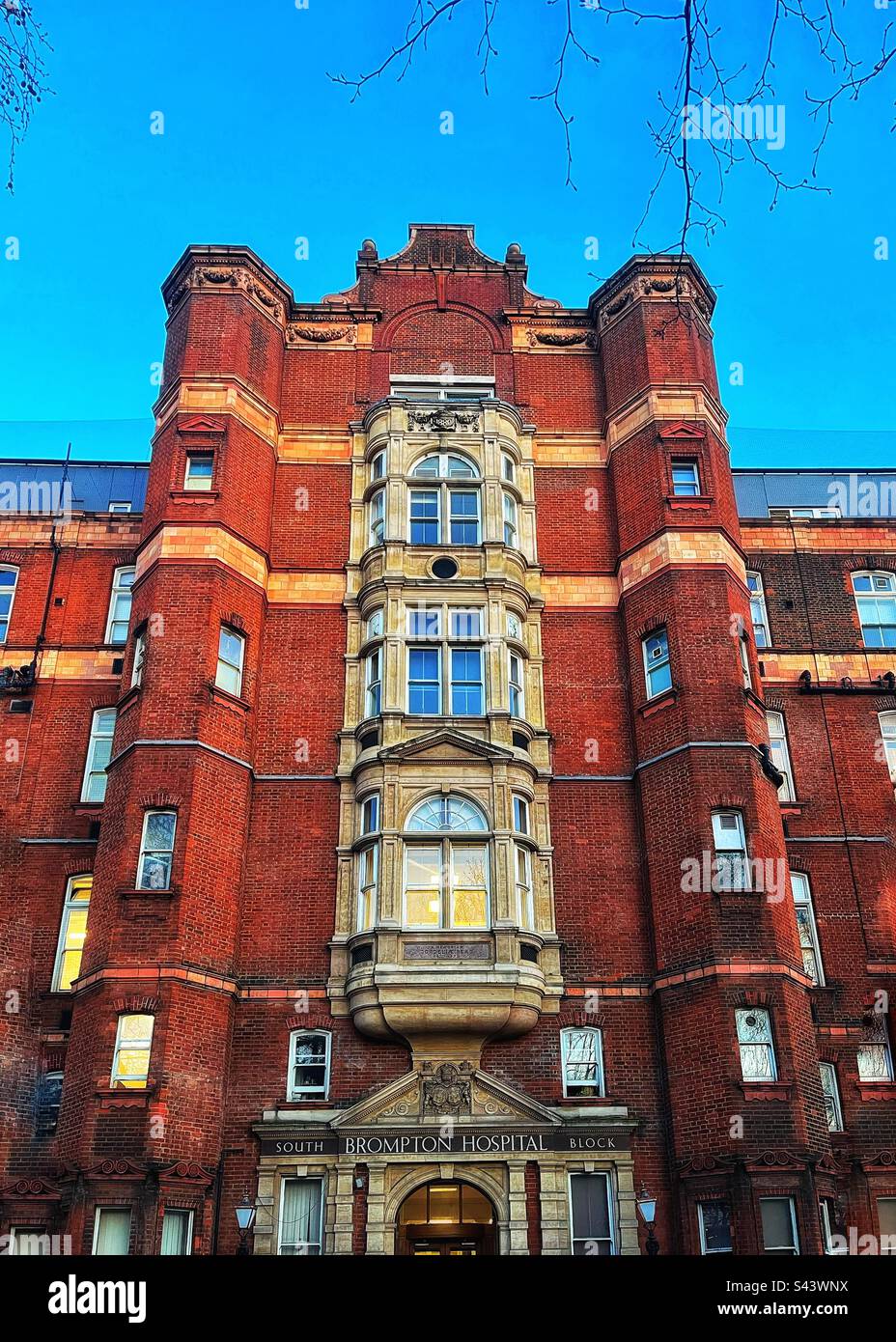 The Royal Brompton Hospital says “South Block” but the Fulham Wing is the now on the northern wing of the hospital. An inscription to benefactor Cordelia Read is in the window ledge - Smartphone Captured Stock Image