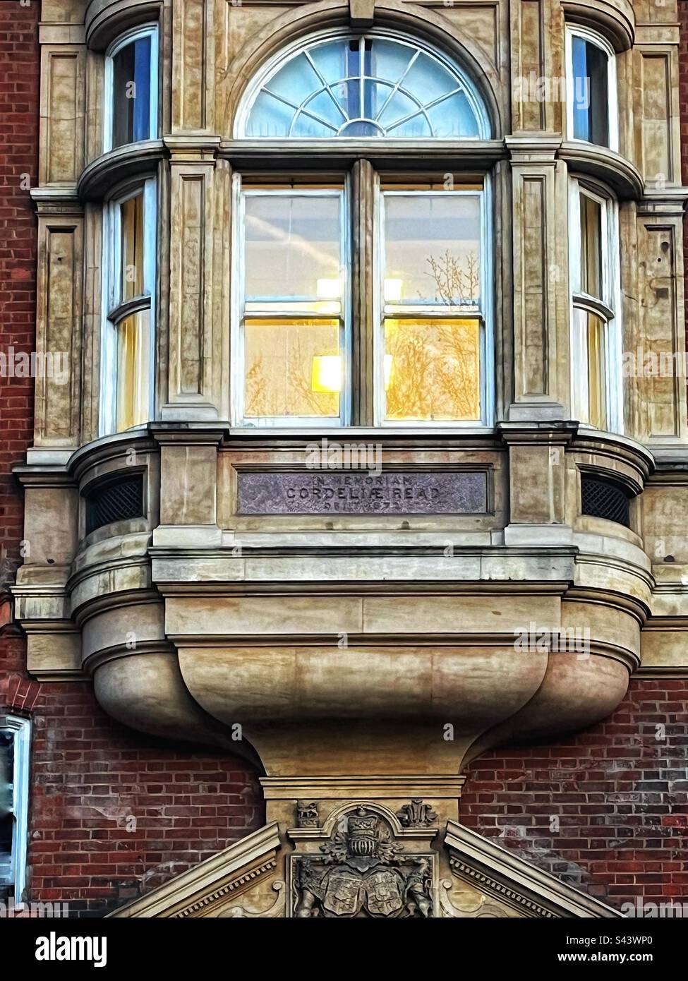 Close up of the decorative window with dedication to Cordelia Read who donated a significant sum of money from her estate to the Royal Brompton Hospital, London. Historic and architectural building. - Smartphone Captured Stock Image
