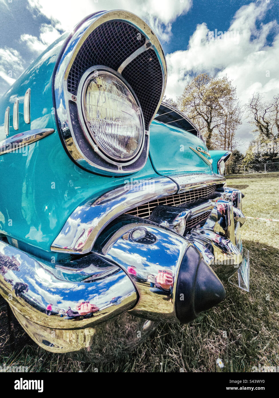 Front of a Chevrolet Bel Air  classic Chevy at Singleton park car show. May 1, 2023, Wales, UK. - Smartphone Captured Stock Image