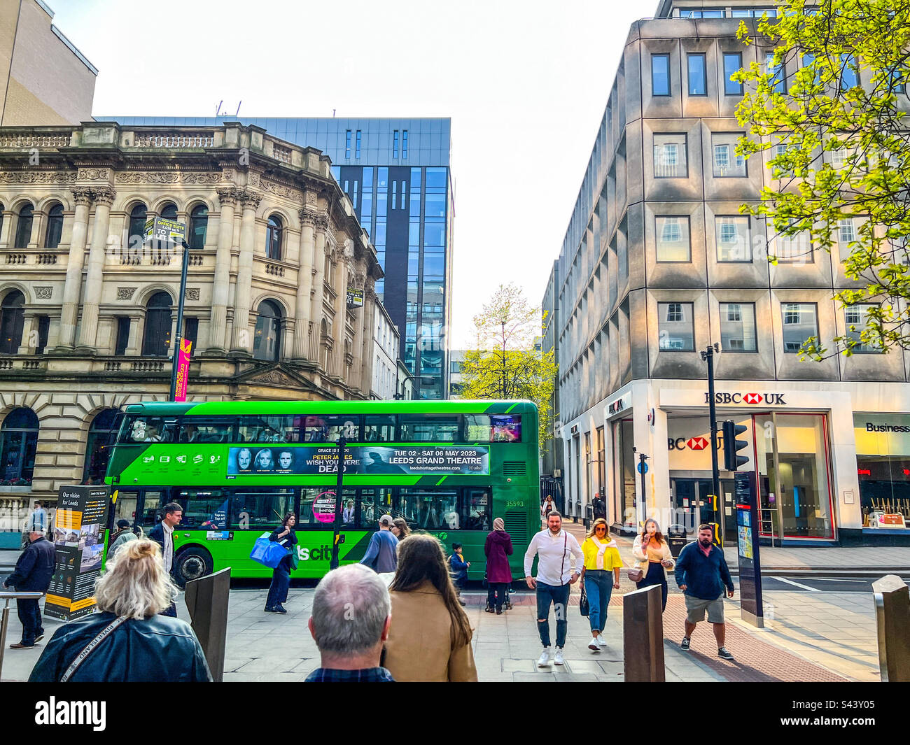Green bus on Park Row in Leeds city centre - Smartphone Captured Stock Image