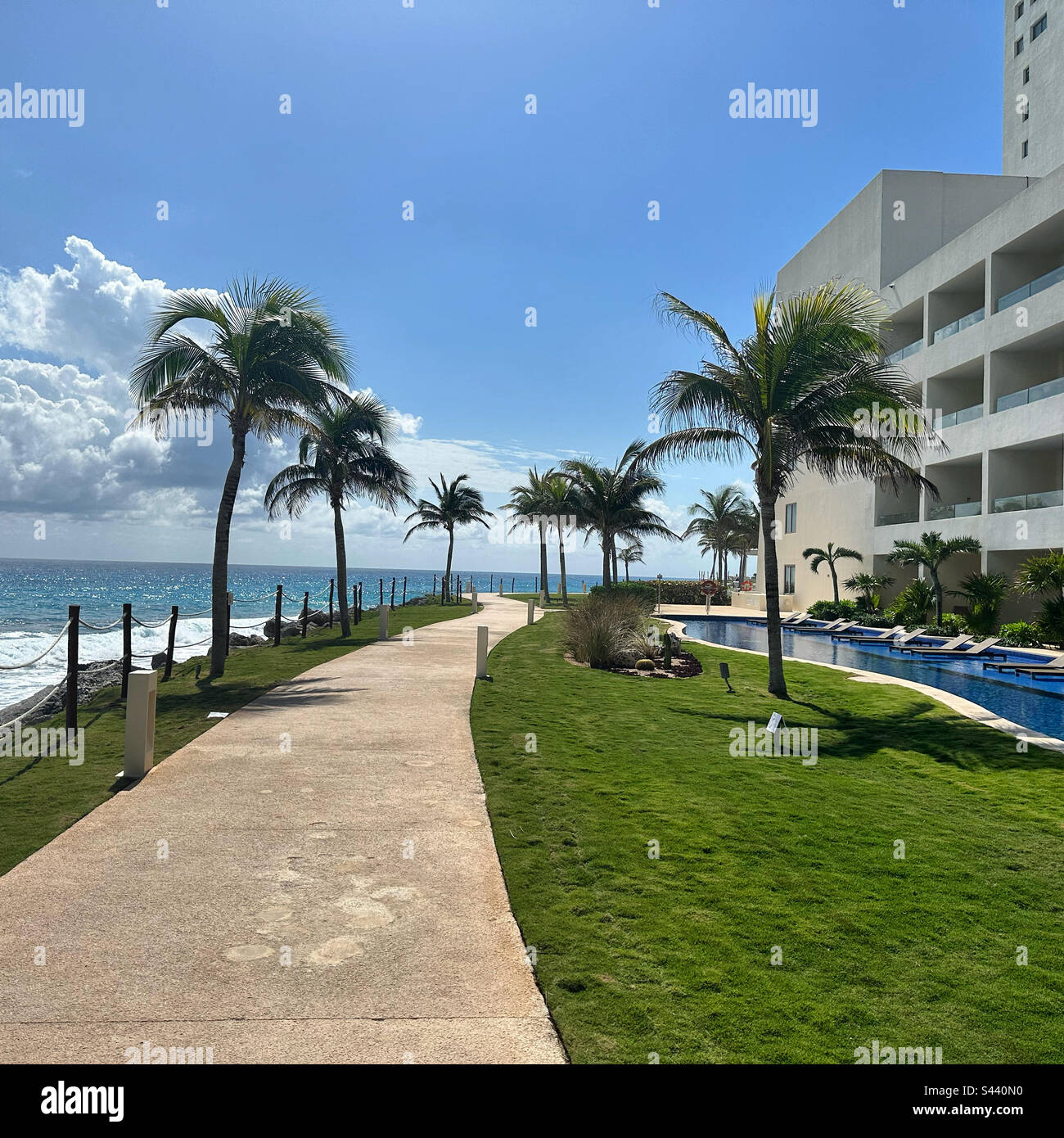 February, 2023, Between the Prymid Building and the ocean at the Hyatt Ziva Cancun, Hotel Zone, Cancun, Quintana Roo, Yucatan Peninsula, Mexico - Smartphone Captured Stock Image