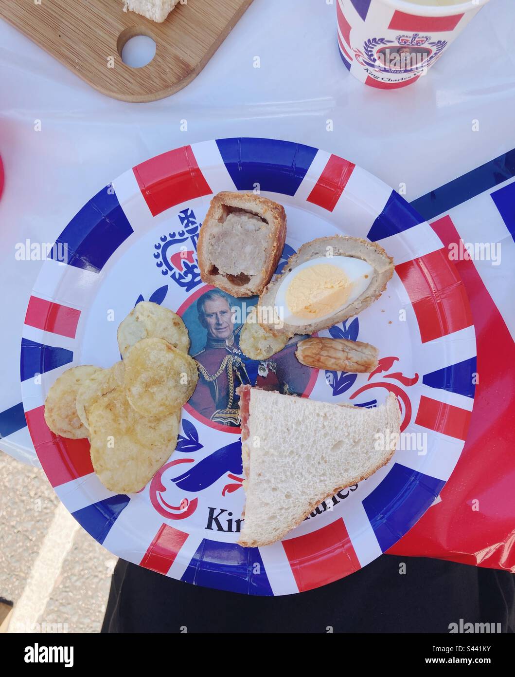 Coronation plate with party food, for The Big Lunch Stock Photo