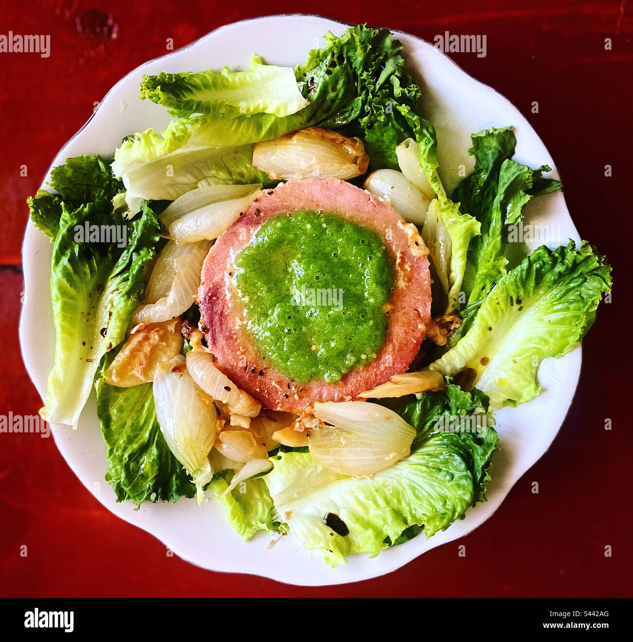A grilled tuna fish filet covered with green sauce and surrounded by grilled onion and garlic an lettuce salad in Queretaro, Mexico Stock Photo