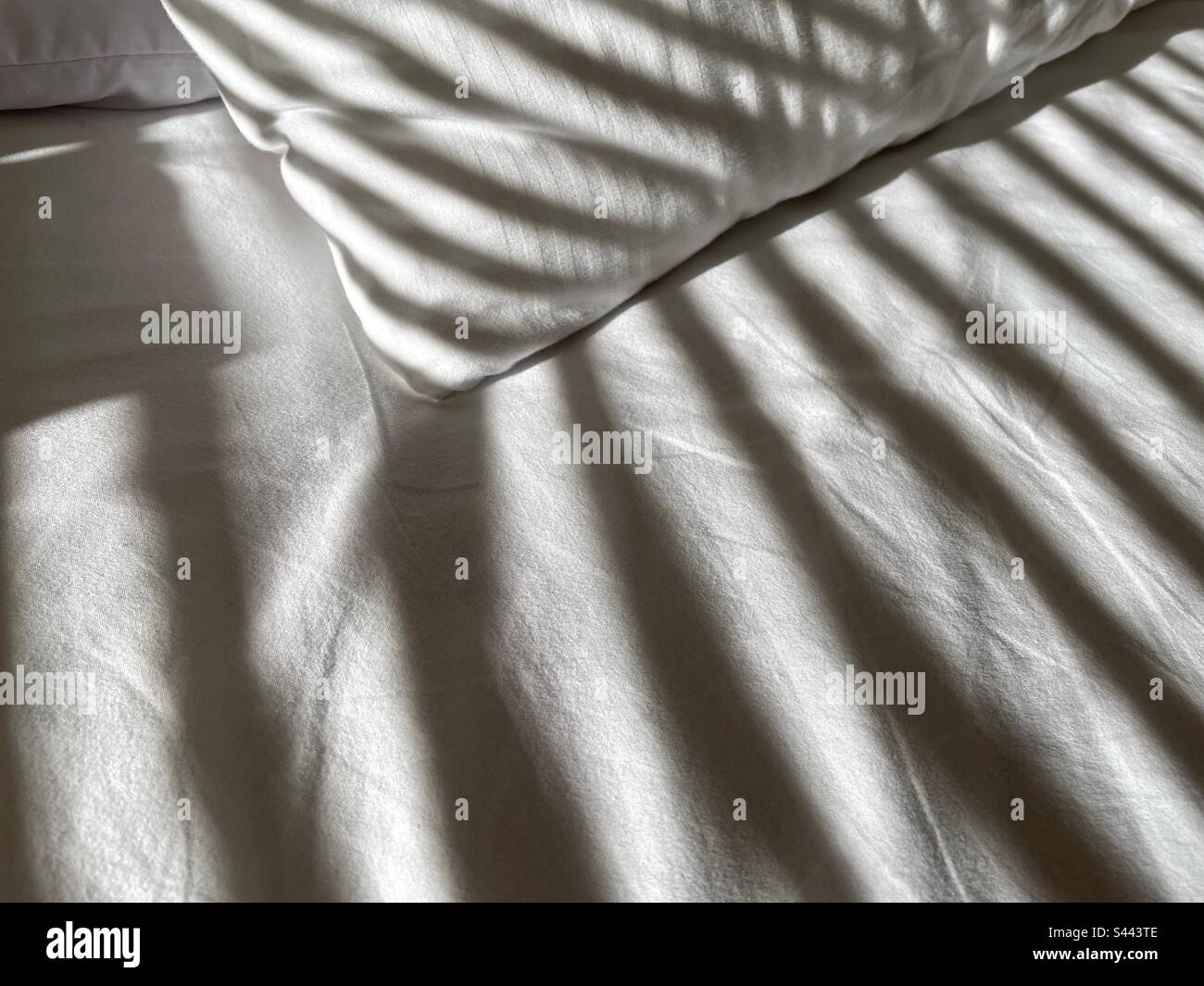 Early morning light on a bed showing shadows from venetian blinds with white sheets and pillow. - Smartphone Captured Stock Image