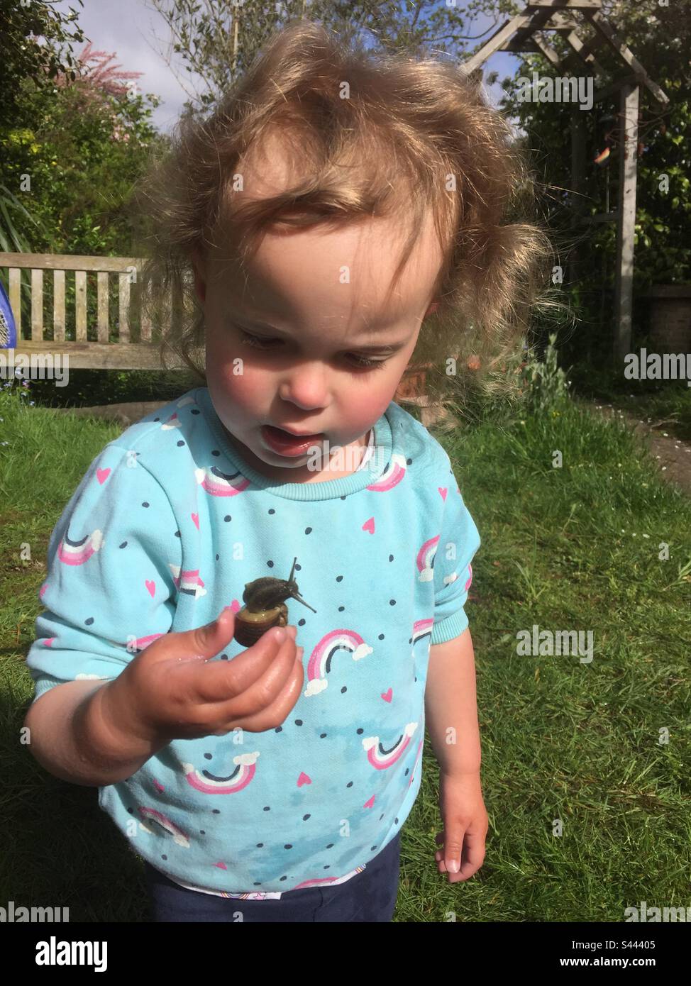 Child holding and looking at a snail - Smartphone Captured Stock Image