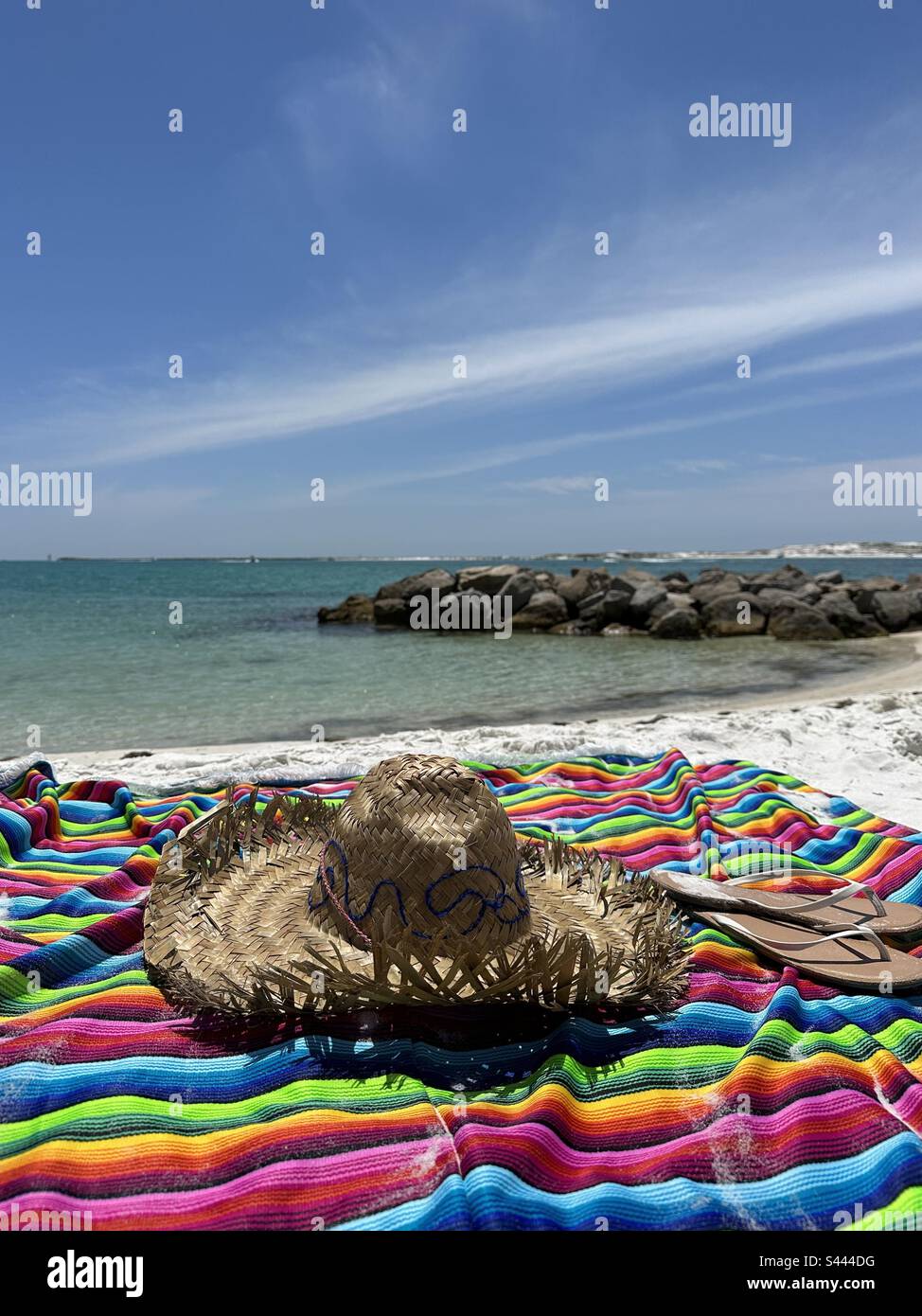 Sombrero, colorful poncho, sandals with rocky jetties and water background Stock Photo