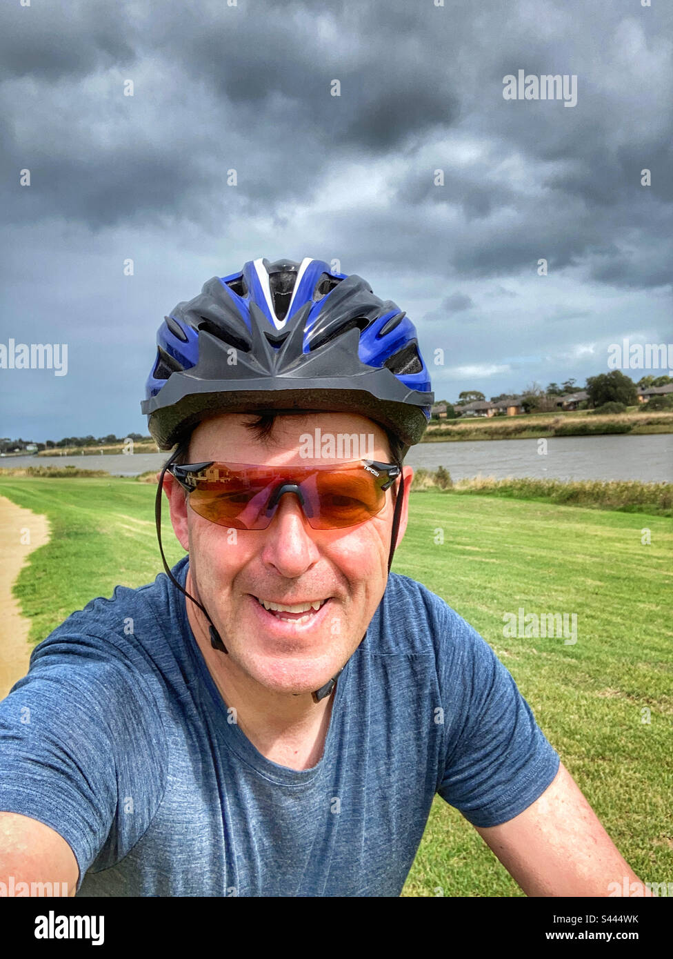 Cycling selfie riding along Patterson River Melbourne Australia - Smartphone Captured Stock Image