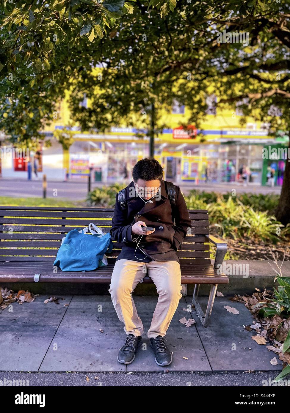 Young Asian man using mobile phone while sitting on park bench against trees, road and shops. Focus on foreground. Sunset. Golden hour. - Smartphone Captured Stock Image