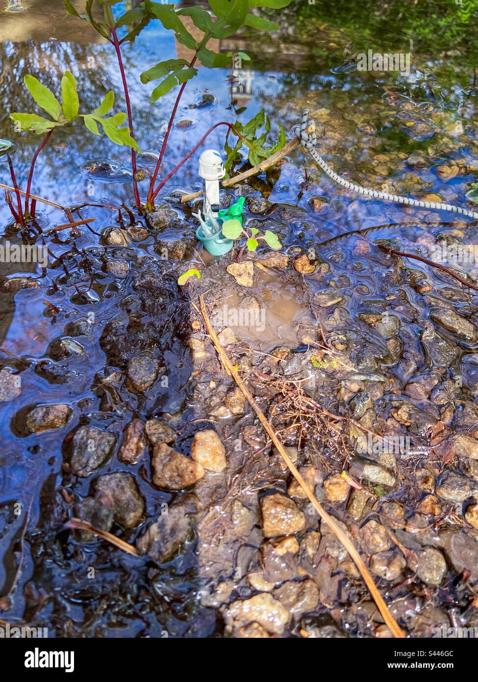 Star Wars Clone Trooper fishing on a rainy day with his pet frog. Wide angle vertical view. Stock Photo