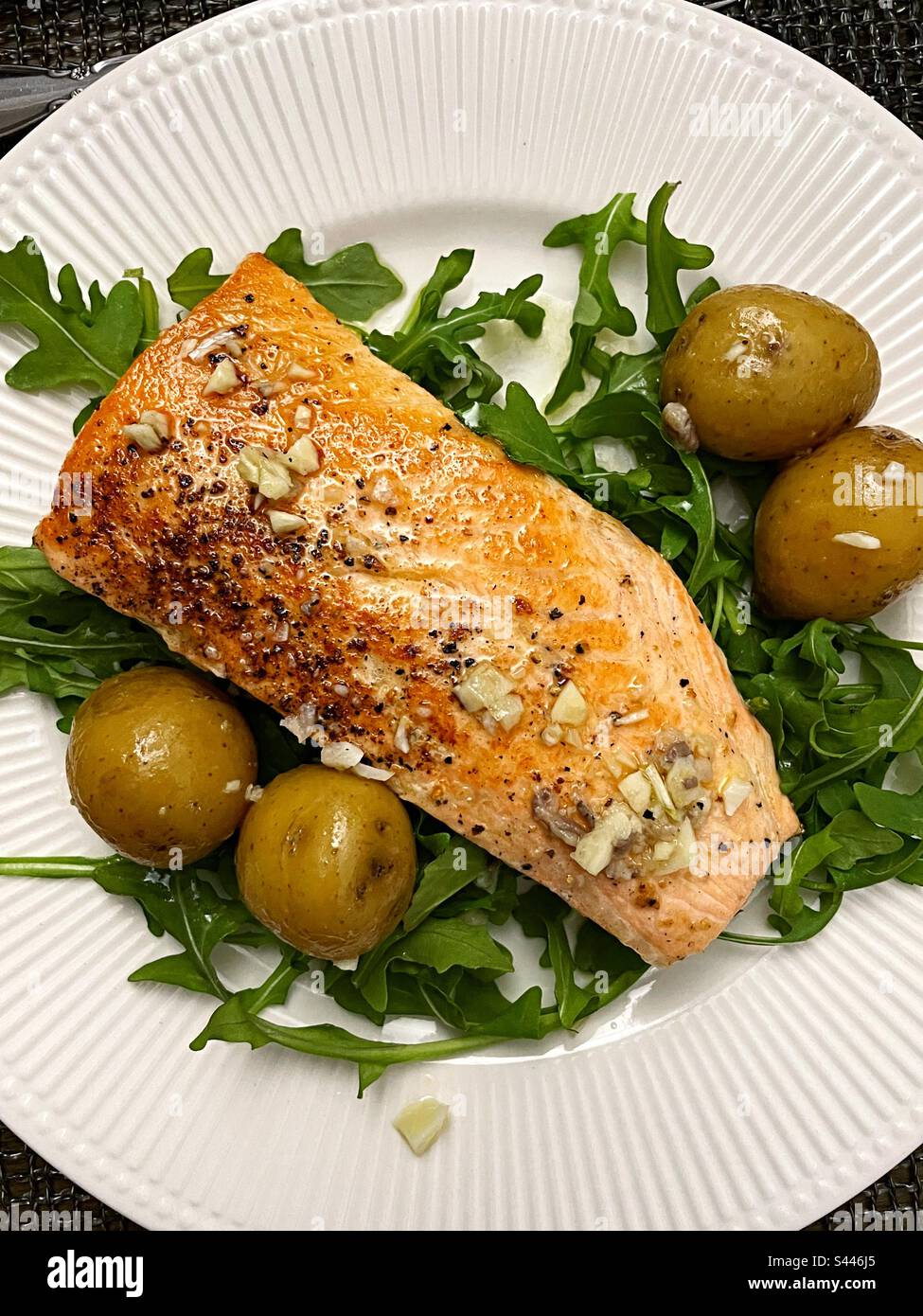 Close Up of Grilled Salmon and New Potato Entree,  USA - Smartphone Captured Stock Image