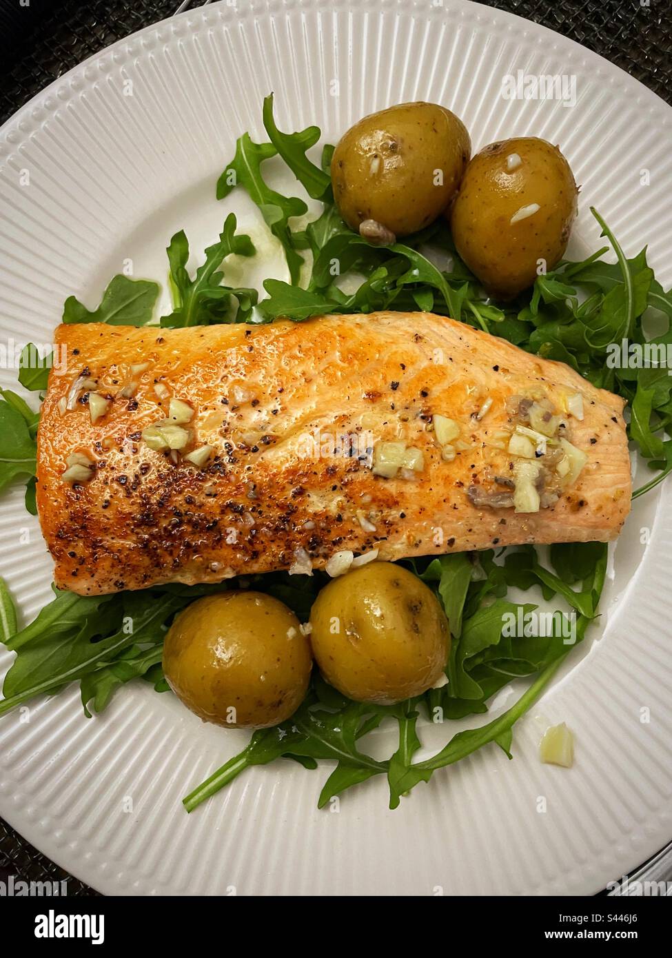 Close up of a sautéed salmon fillet in a lemon garlic sauce and new potatoes on a bed of arugula, 2023, USA - Smartphone Captured Stock Image