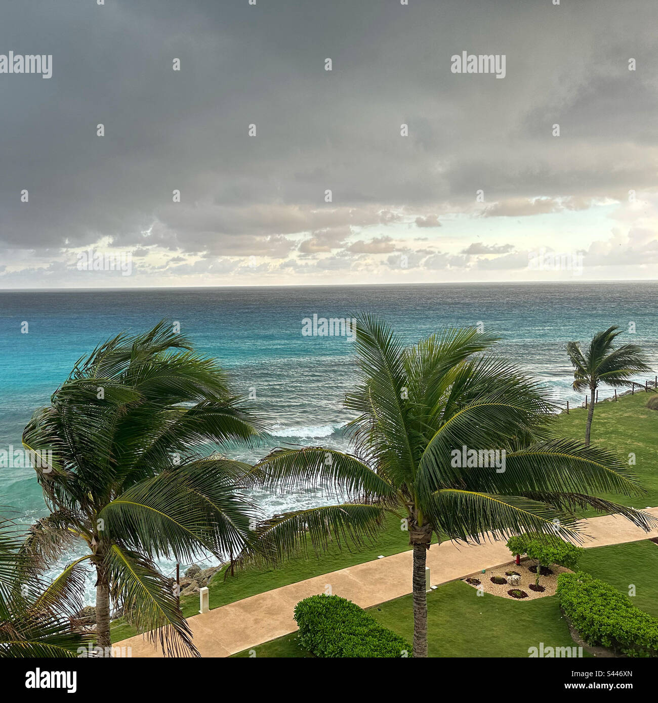 February, 2023, View from the Pyramid Building during a rainstorm, Hyatt Ziva Cancun, Hotel Zone, Cancun, Quintana Roo, Yucatan Peninsula, Mexico - Smartphone Captured Stock Image