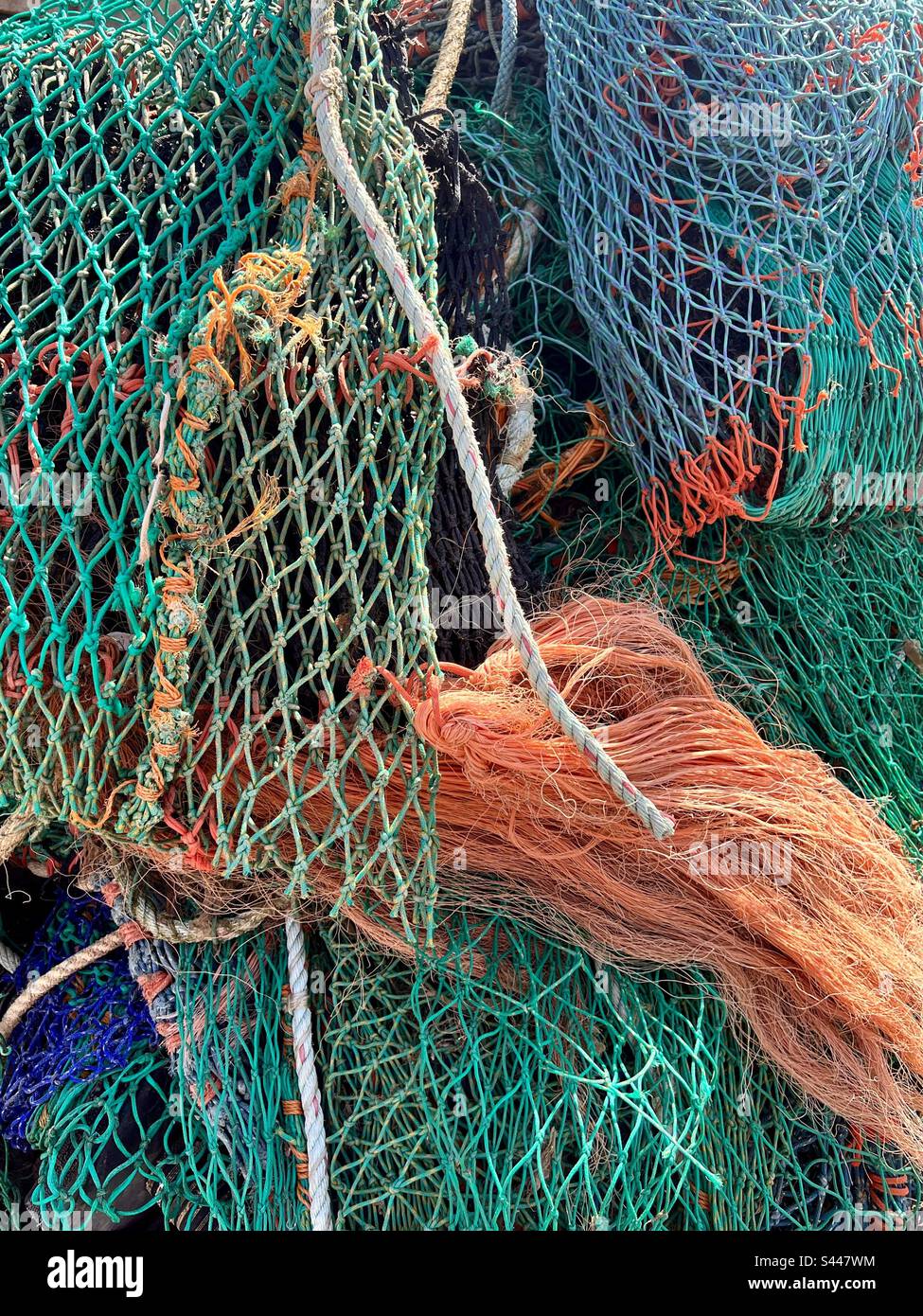 Close up of nylon fishing nets and ropes, Lyme Regis, Dorset