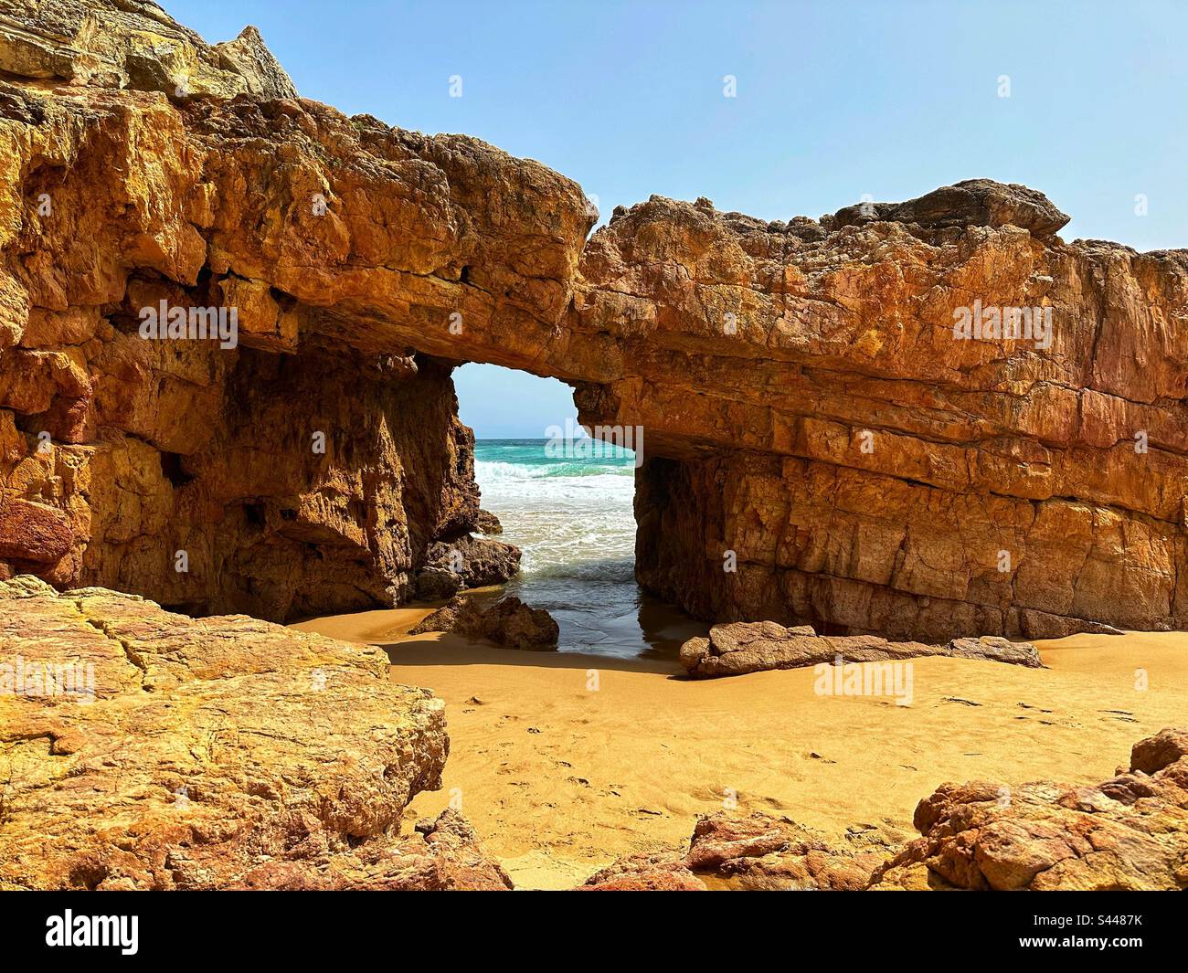 Natural arch rock formation, Praia das Furnas, Algarve - Smartphone Captured Stock Image