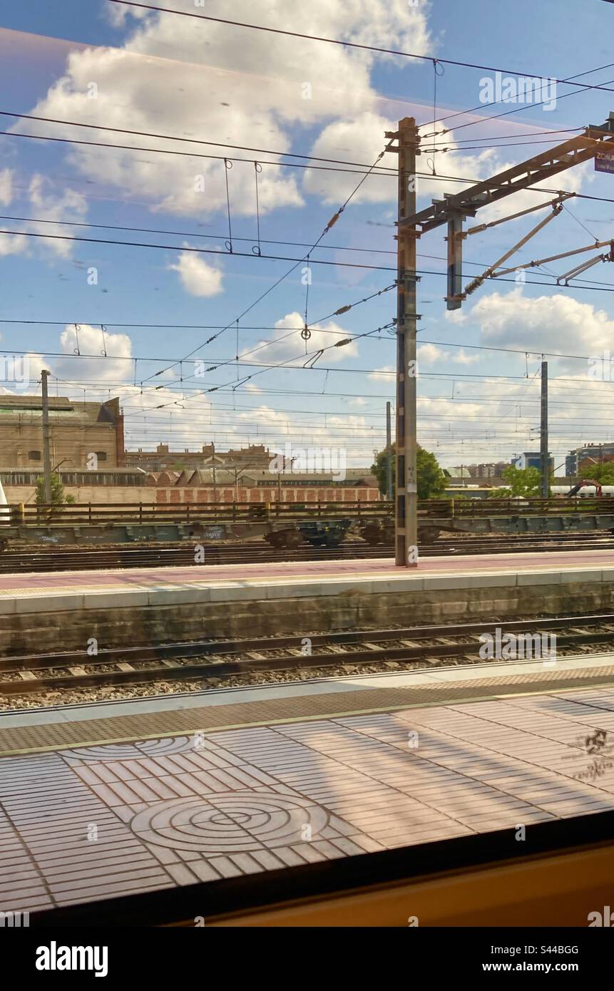 View from a train window leaving Valladolid Campo Grande railway station Castile and Leon Spain - Smartphone Captured Stock Image