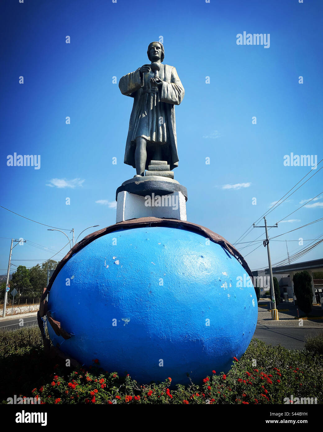 A sculpture of Cristopher Columbus decorates the entrance on Colon, Queretaro, Mexico - Smartphone Captured Stock Image
