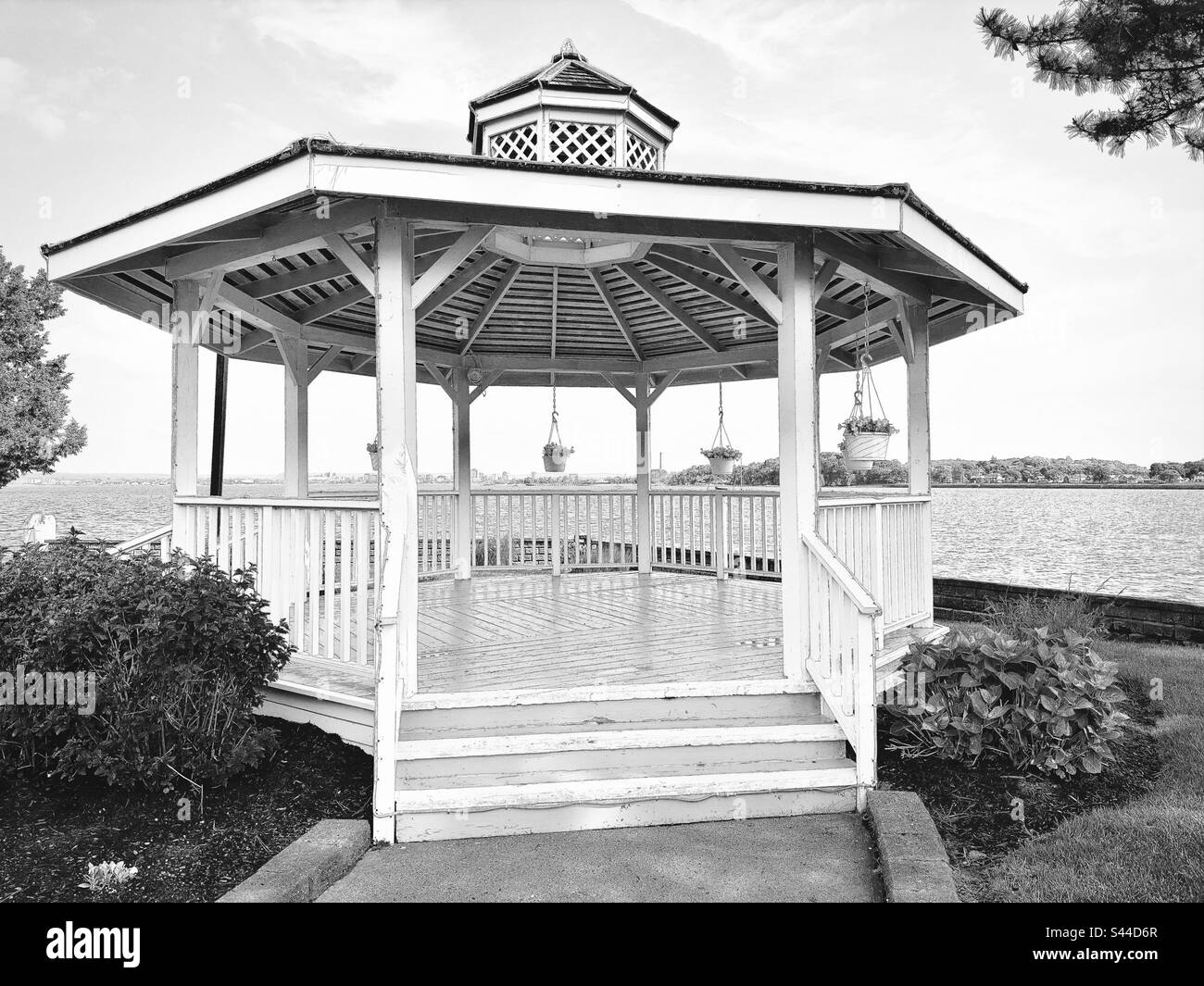 Gazebo along the water in New Haven, Connecticut, USA. Black and white filter. - Smartphone Captured Stock Image