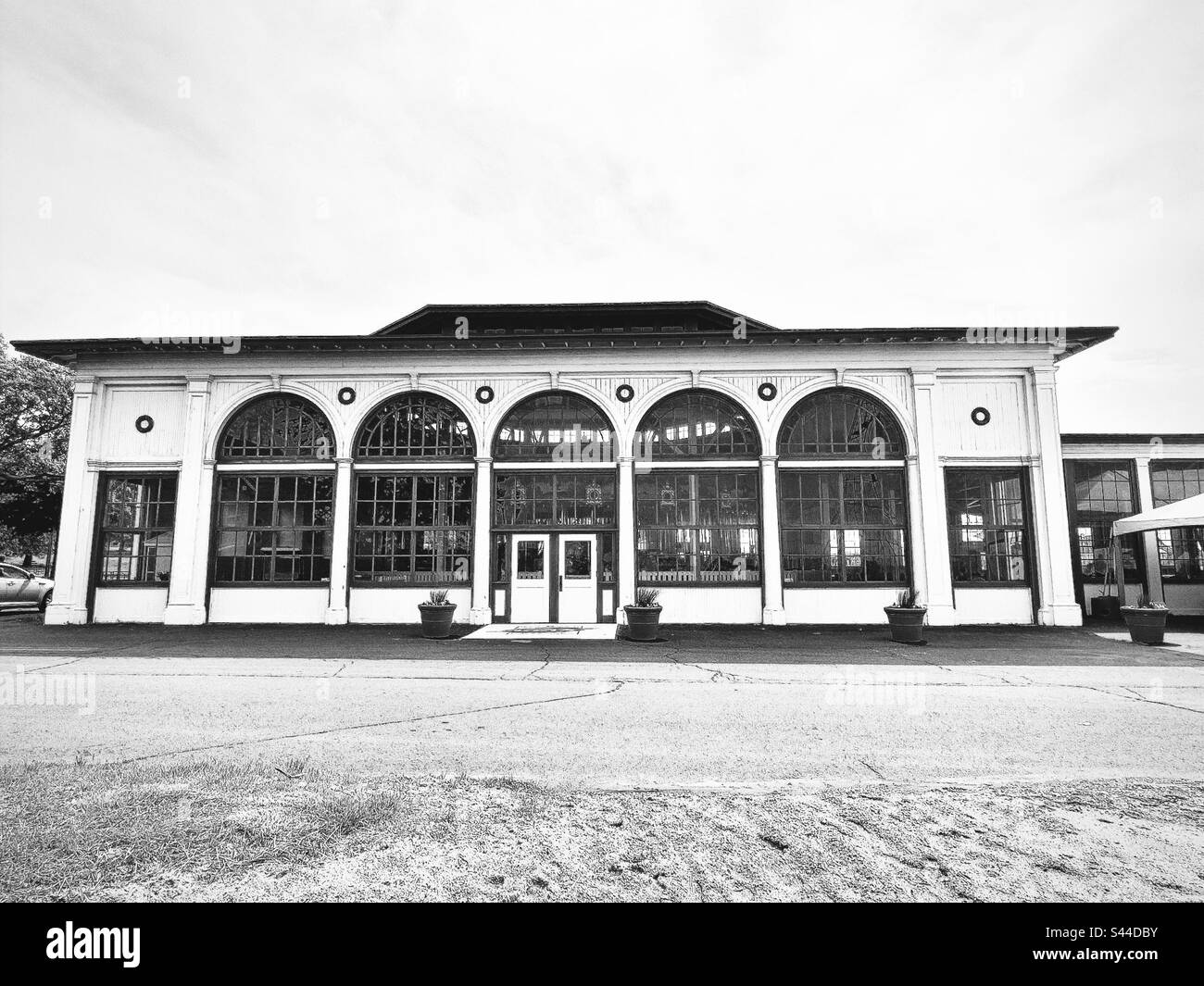 Carousel building at Lighthouse Point Park in New Haven, Connecticut, USA. Black and white filter. - Smartphone Captured Stock Image