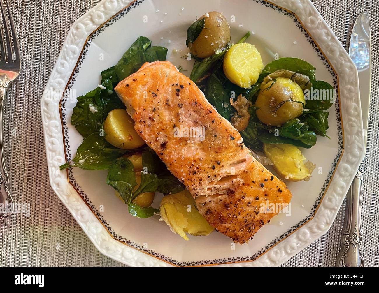 Close Up of Grilled Salmon and New Potato Entree,  USA - Smartphone Captured Stock Image