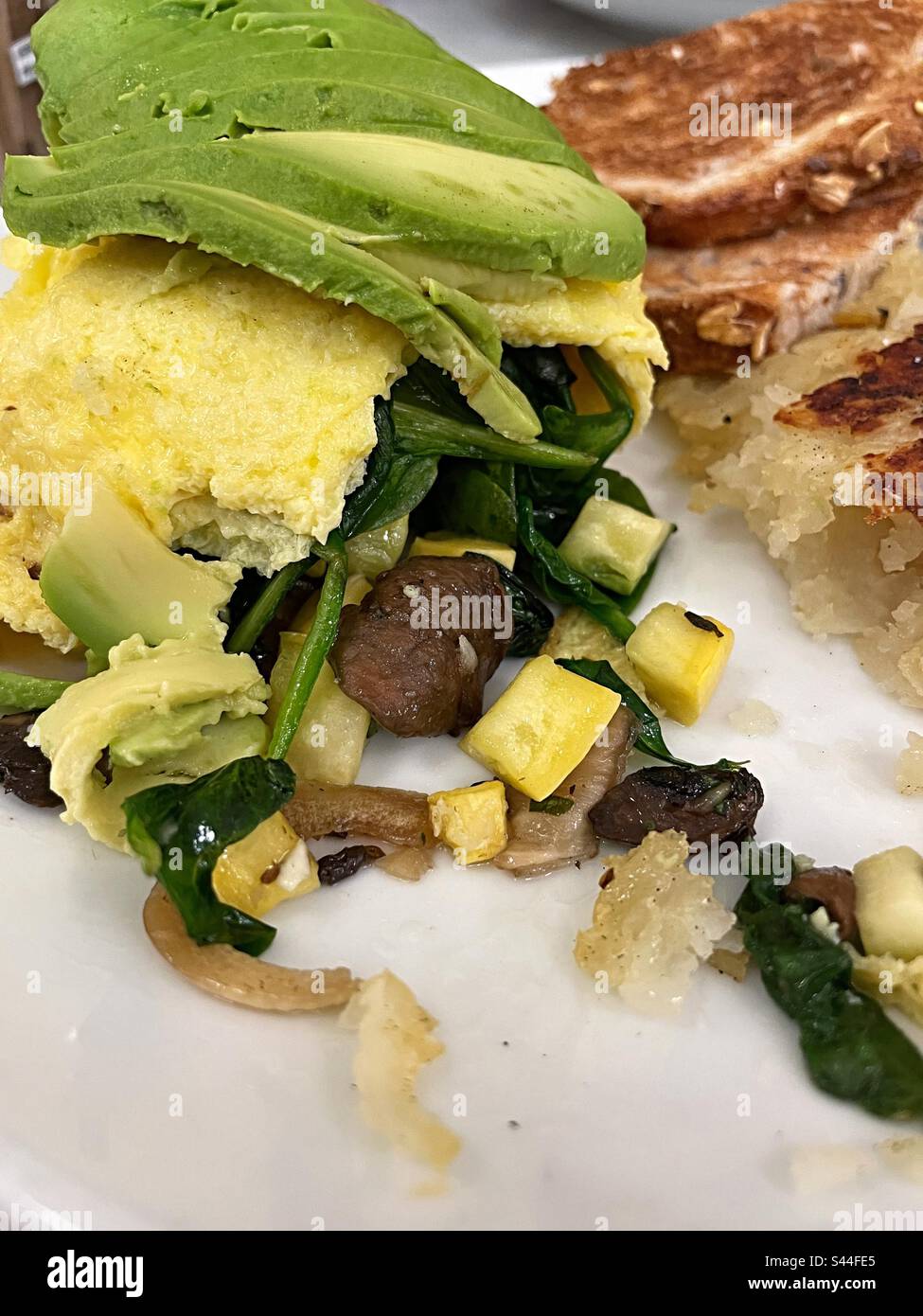 A restaurant breakfast plate consisting of a omelette, hashbrowns and whole wheat toast, New York City, United States, 2023 - Smartphone Captured Stock Image