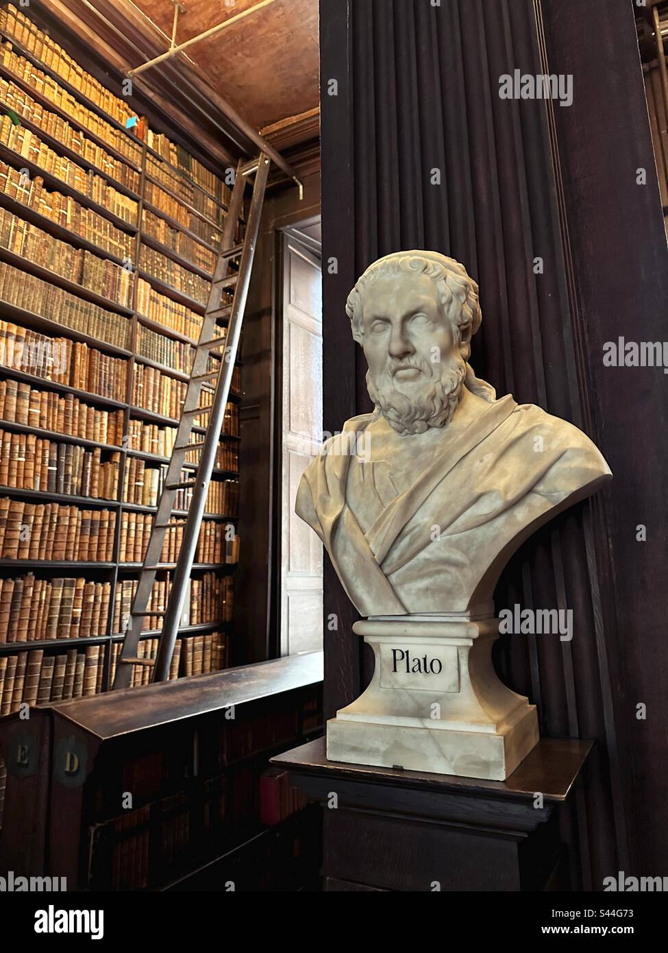 A bust of Plato in the long room, at the library of Trinity College in Dublin, Ireland. Stock Photo