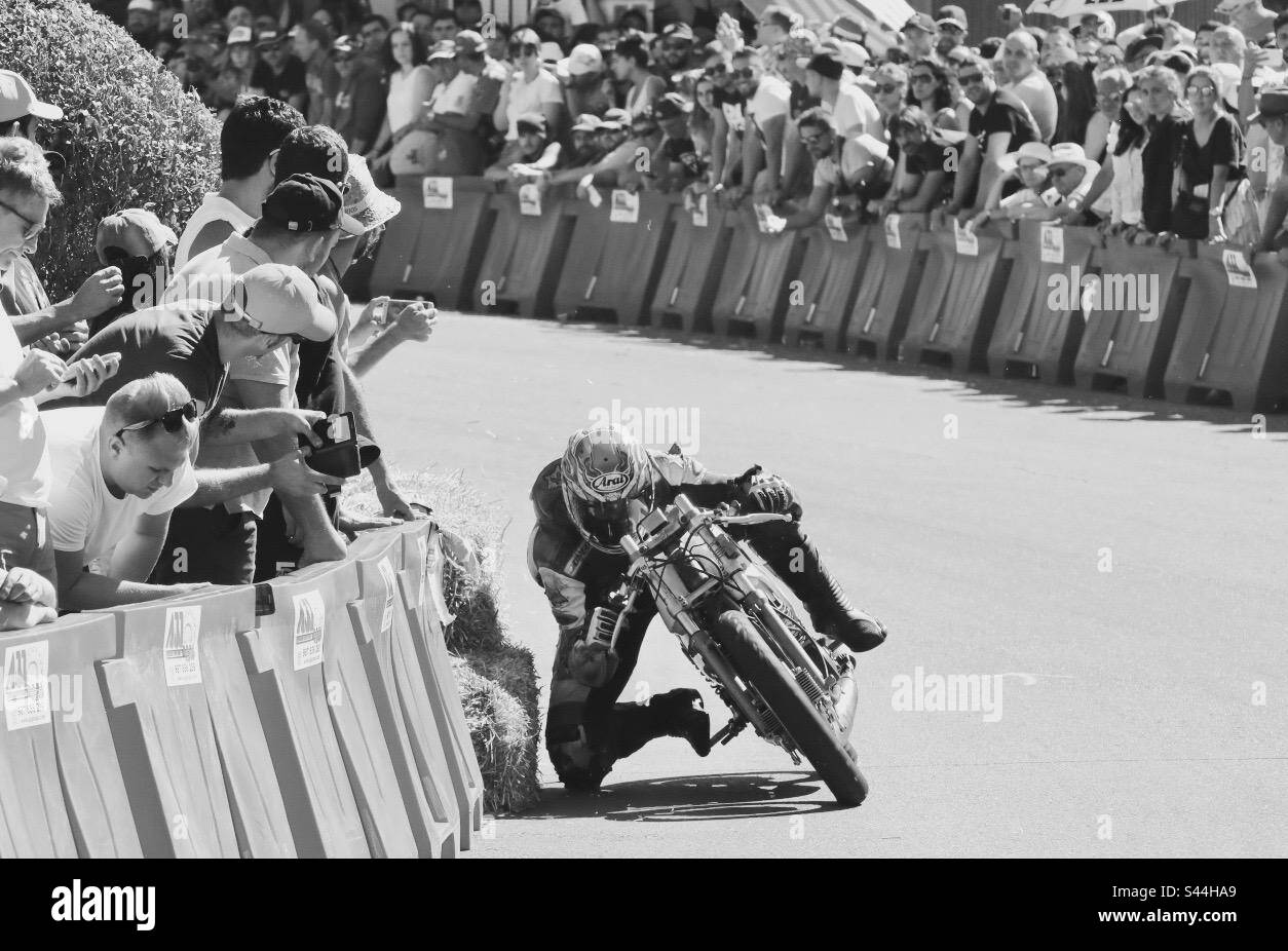 Black and white photography of olds motorbike race - city of La Baneza, Spain - Smartphone Captured Stock Image