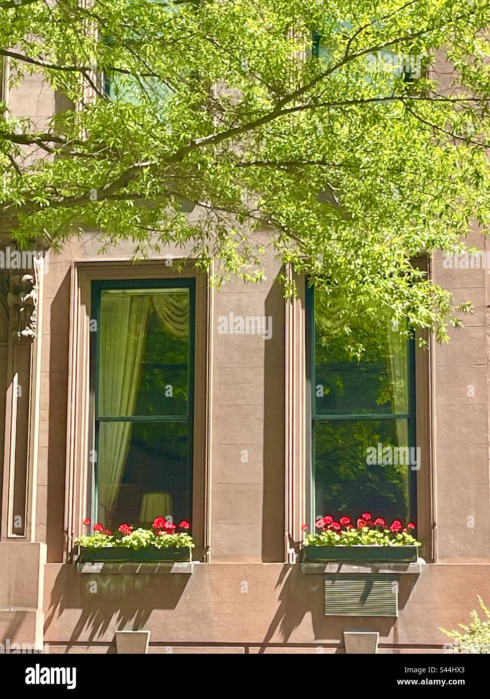 Pretty brownstone building windows Stock Photo - Alamy