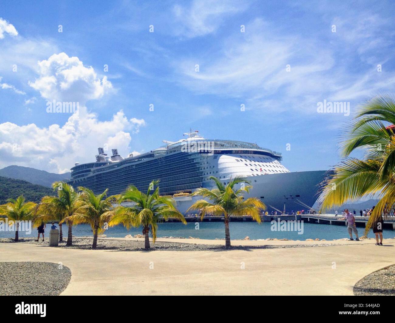 Bright sunny day view to the big luxury cruise ship close to the passenger pier with palm trees row - Smartphone Captured Stock Image