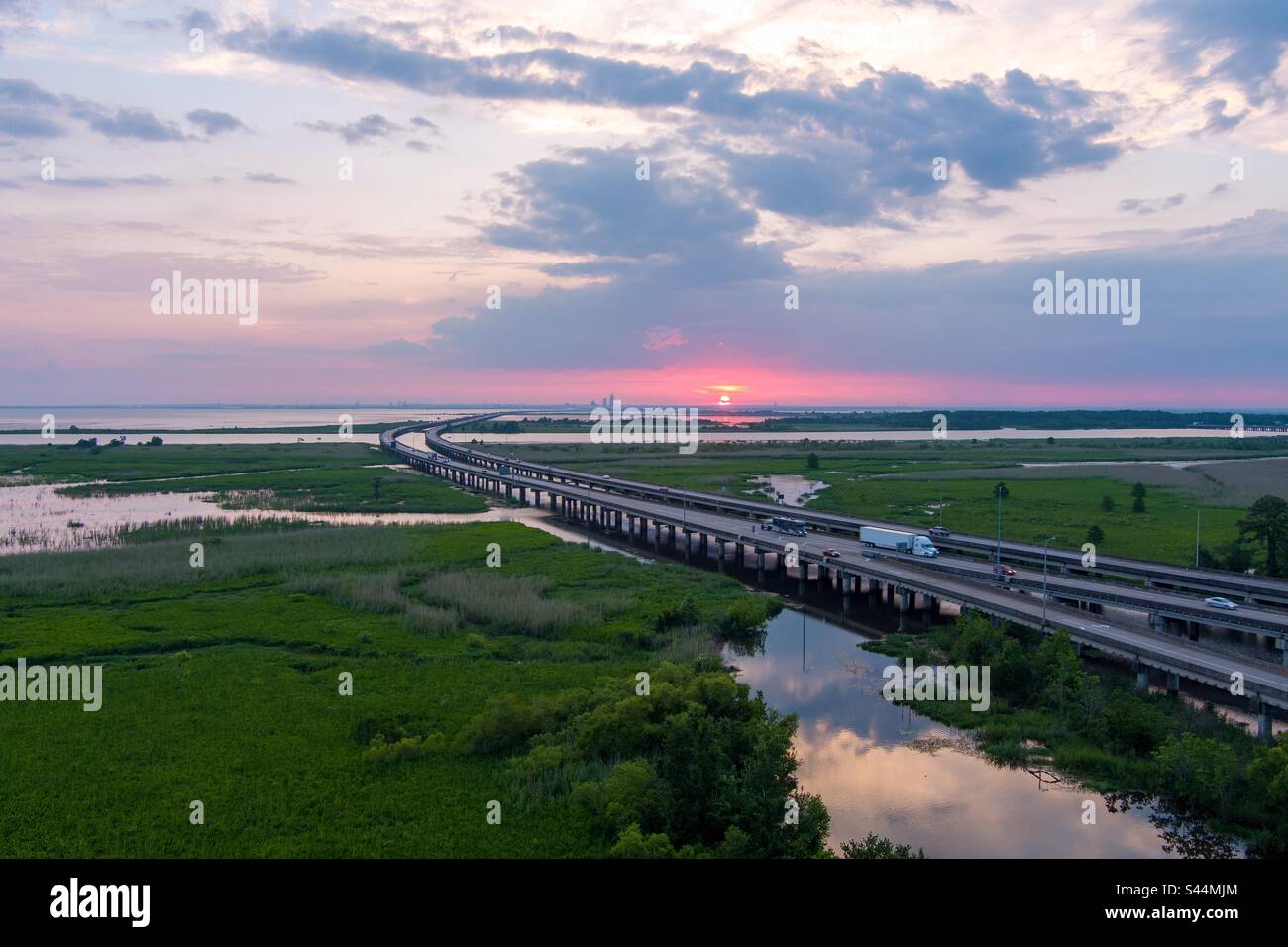 Aerial view of Mobile Bay at sunset - Smartphone Captured Stock Image