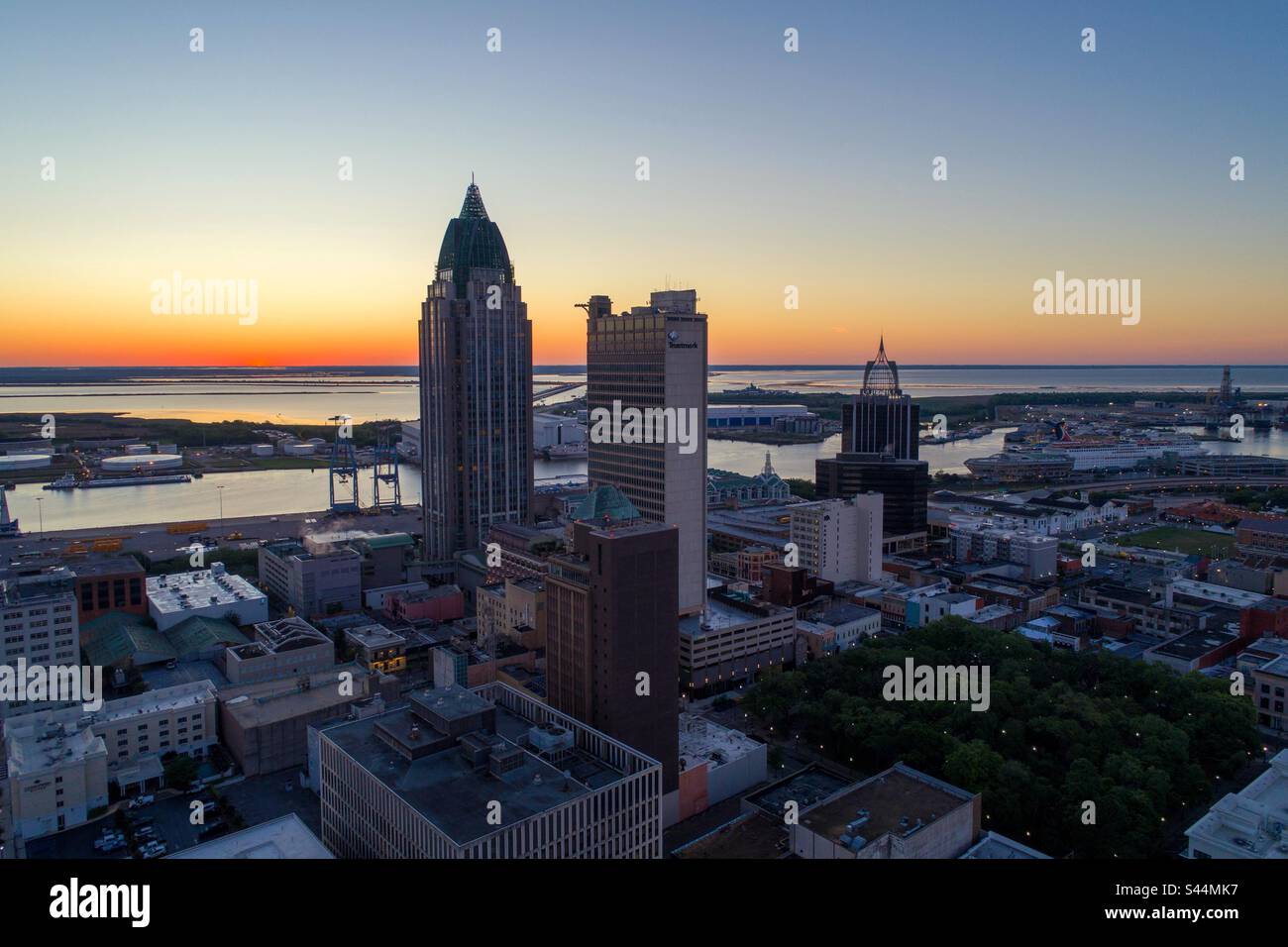 Downtown Mobile waterfront skyline at sunrise - Smartphone Captured Stock Image