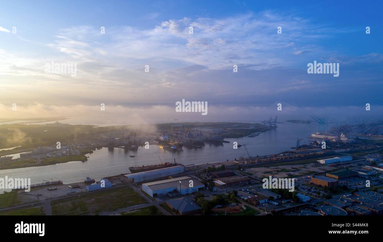 Aerial view of a port at sunrise - Smartphone Captured Stock Image