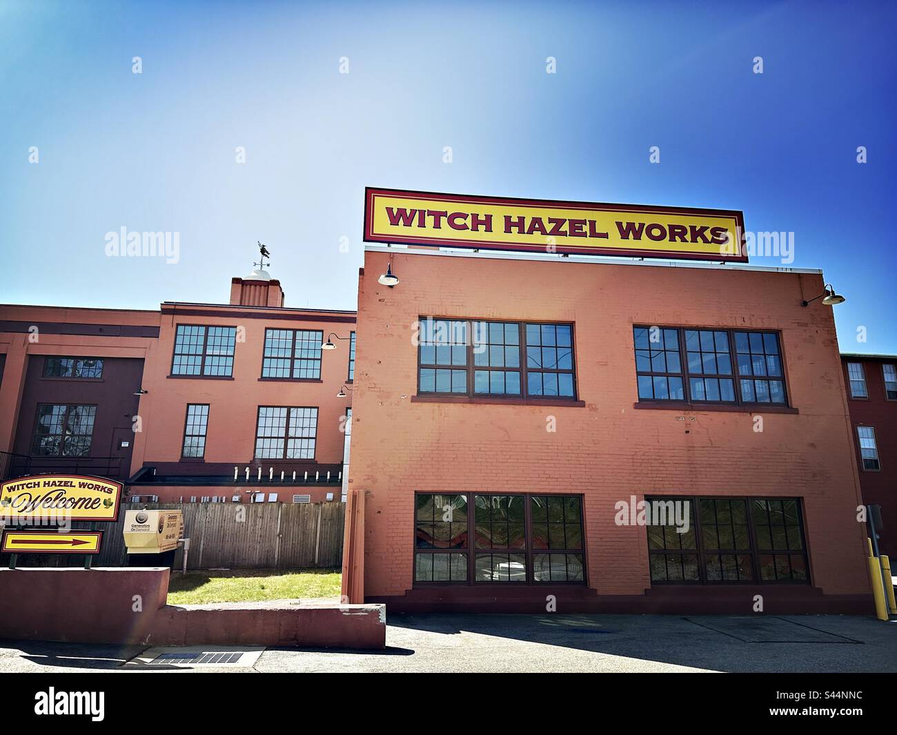 Witch Hazel Works building in Centerbrook, Connecticut, USA. With WELCOME sign. - Smartphone Captured Stock Image Witch Hazel Works building in Centerbrook, Connecticut, USA. With WELCOME sign. - Smartphone Captured Stock Image