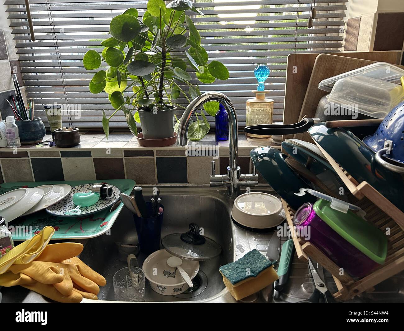 Messy dirty sink full of dishes with a plant on the windowsill - Smartphone Captured Stock Image
