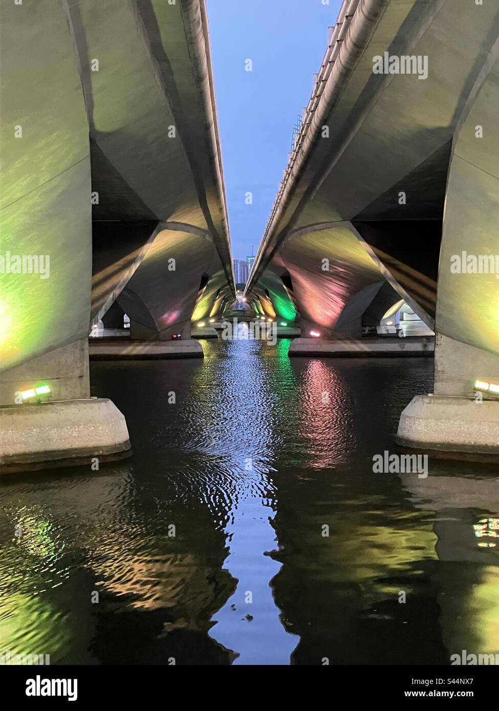 Colourful lights under Esplanade Bridge, Singapore - Smartphone Captured Stock Image