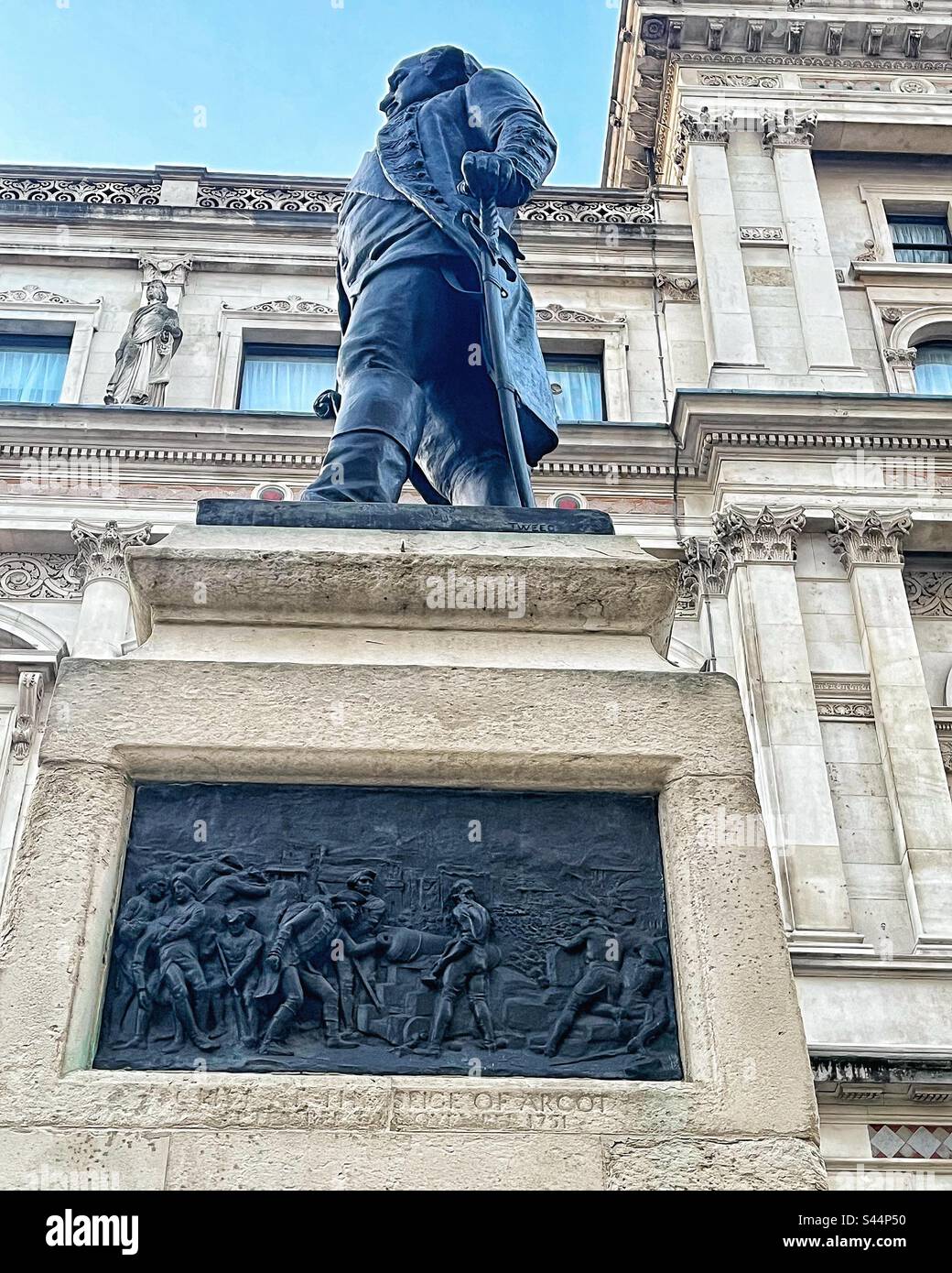 Robert Clive statue by John Tweed, 1912 showing side plaque reads: “Clive at the siege of Arcot / September to November 1751” Spelling is incorrect as says “SEIGE” - Smartphone Captured Stock Image