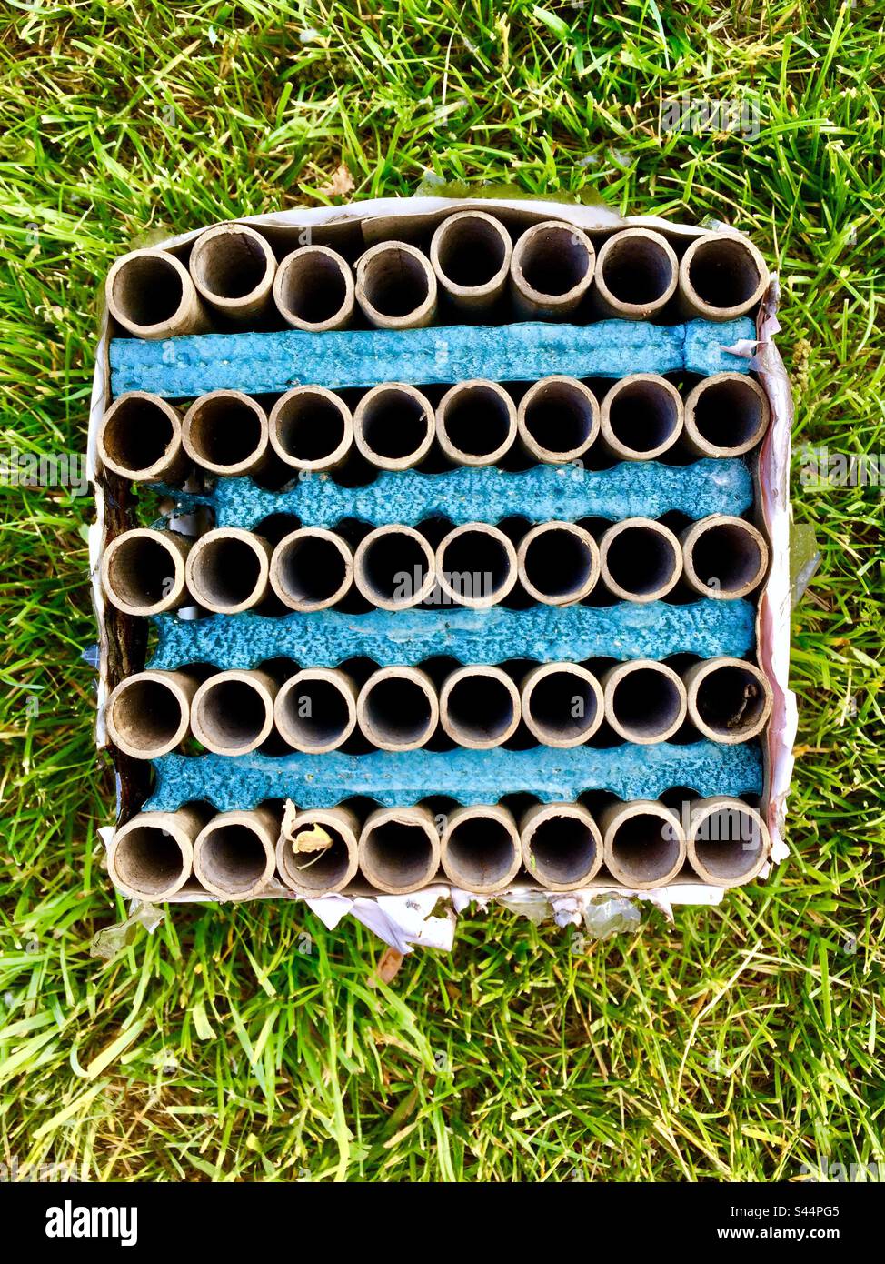 Forty firework shells. After the show. Debris. On the grass. Symmetric. Display. - Smartphone Captured Stock Image