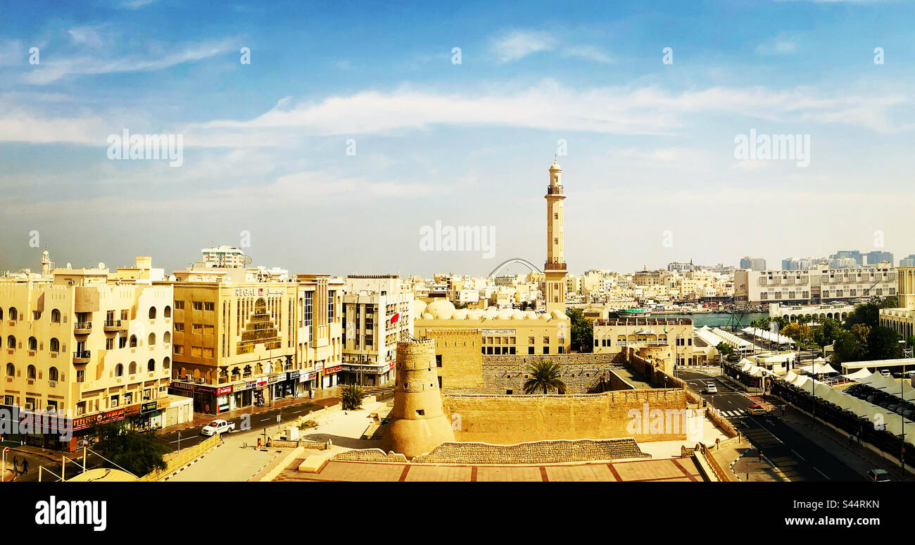 View over Dubai Fort to the Creek panoramic - Smartphone Captured Stock Image