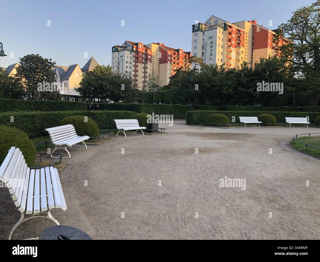 Spa park with benches at Heringsdorf, Baltic Sea, Usedom, Mecklenburg Vorpommern, Germany, Europe Stock Photo