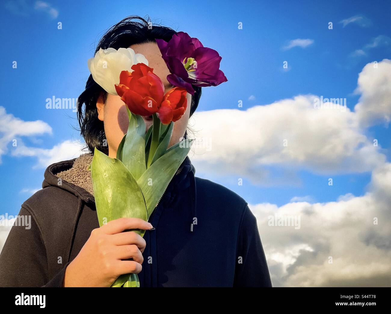 In the clouds. Portrait of young man holding bouquet of mixed color tulip flowers against blue sky with fluffy white clouds. Obscured face. Spring theme. Stock Photo