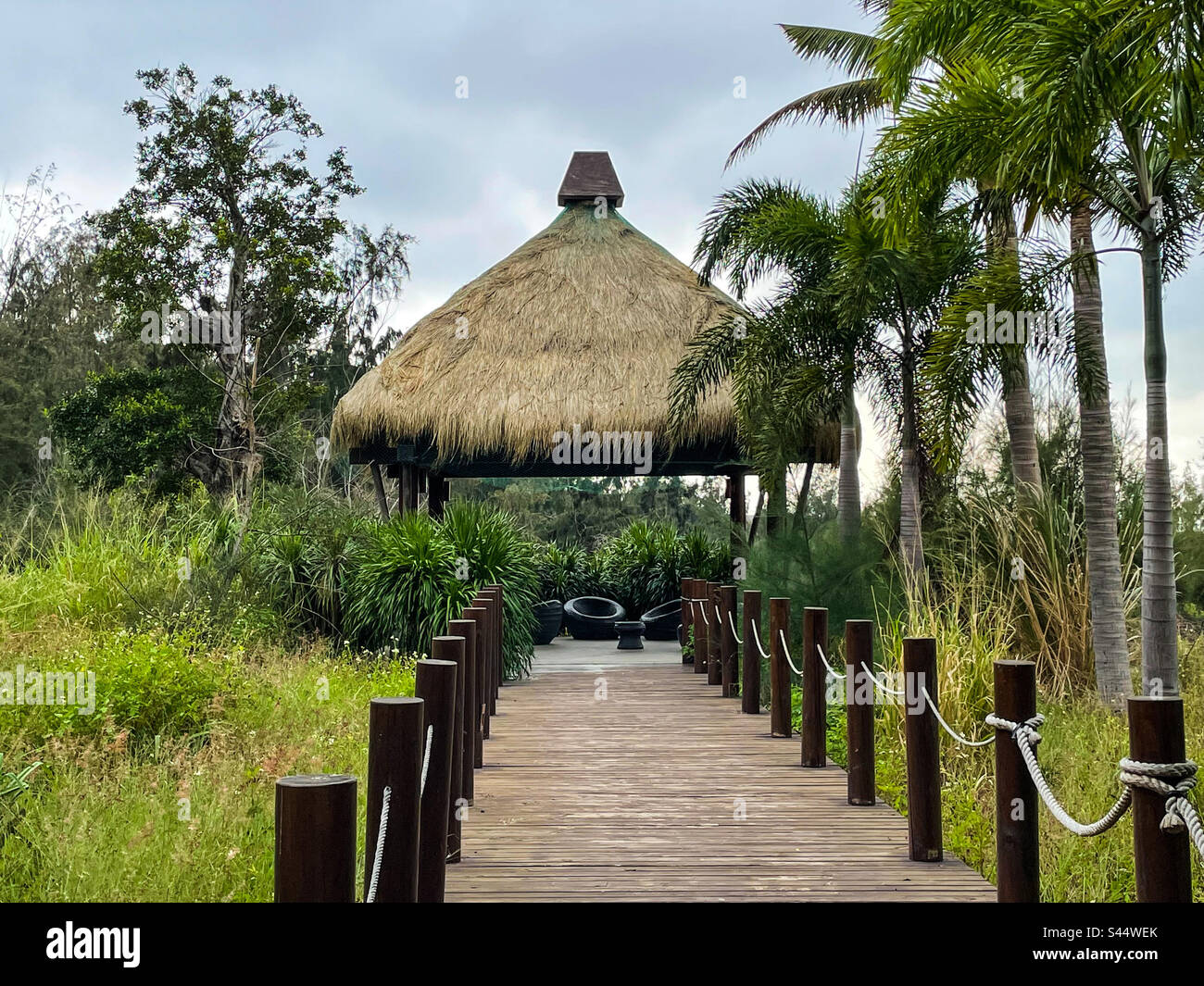 Thatch grass roof on an island Stock Photo