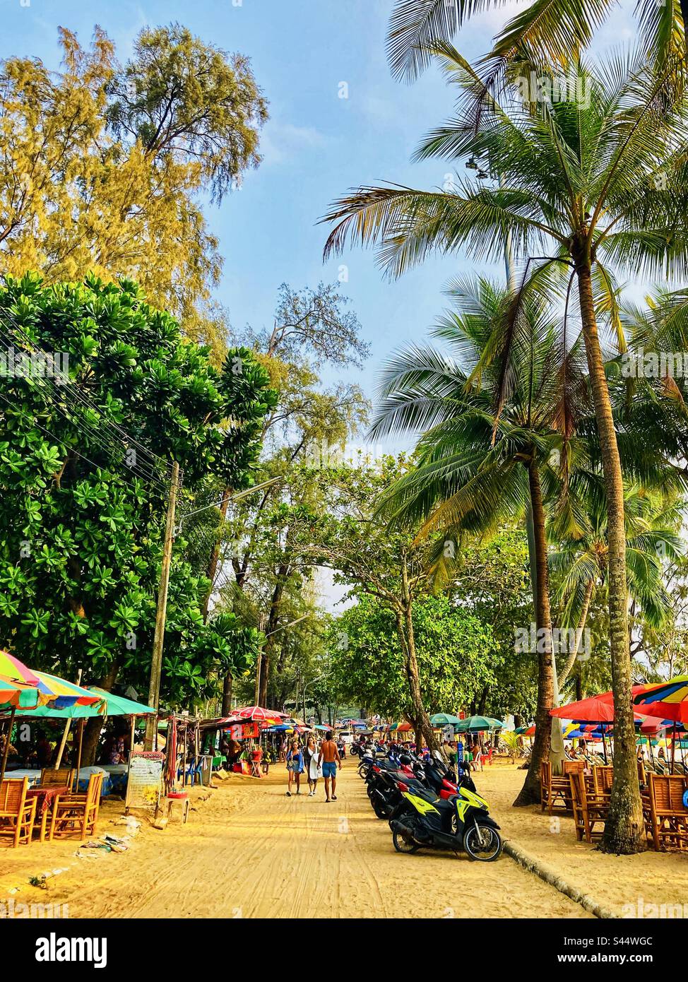 The path behind Surin beach Thailand - lined with palm trees and beach stalls Stock Photo