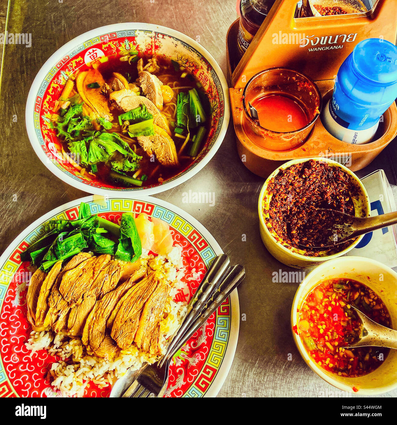 Duck rice and duck noodles Thailand steet food in Bangkok Stock Photo
