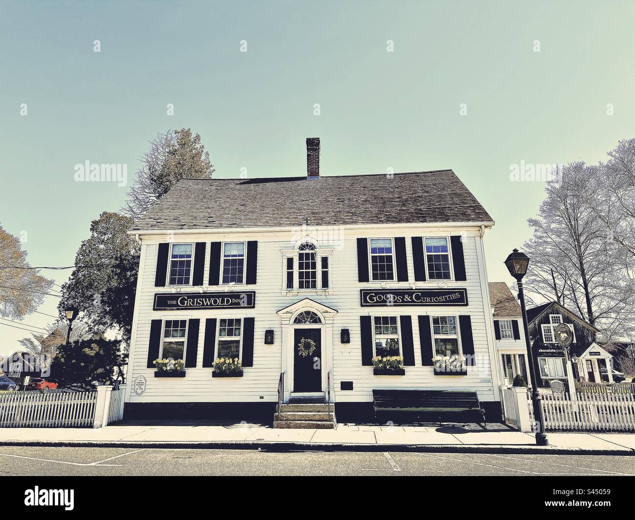 Griswold Inn. Goods and Curiosities gift shop. Exterior of building in Essex, Connecticut, USA. - Smartphone Captured Stock Image