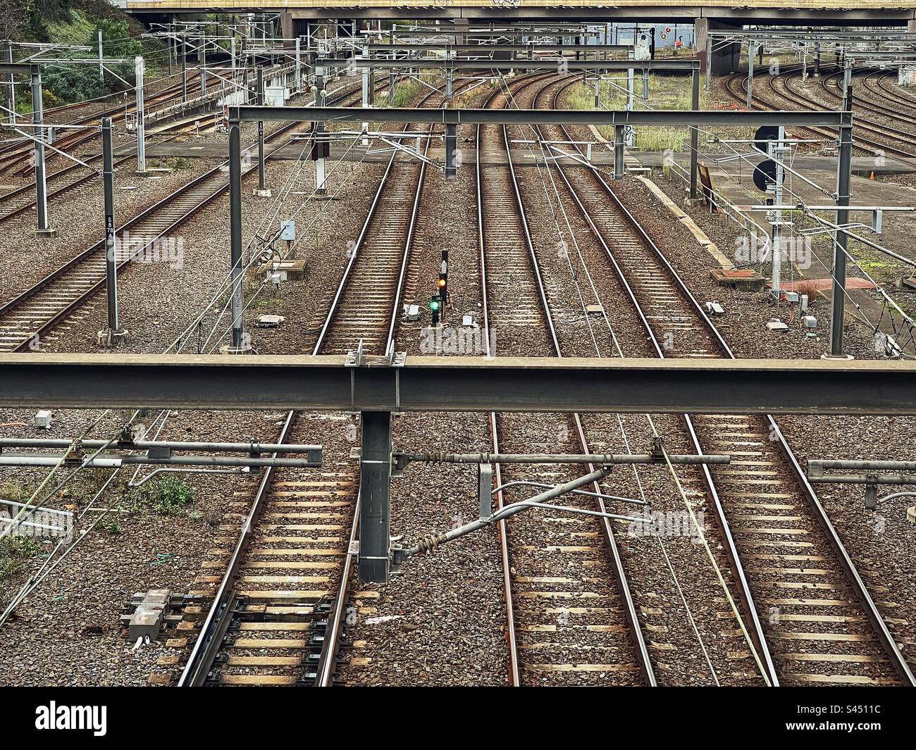 High angle view of multiple railroad tracks. - Smartphone Captured Stock Image