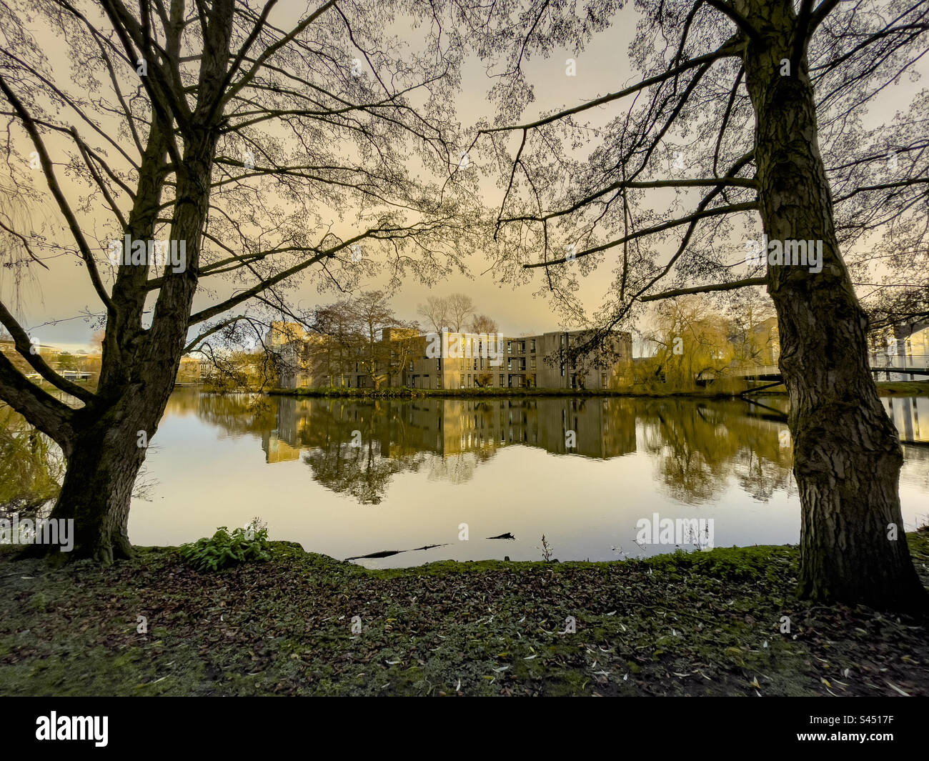 Eric Milner White Court, 1960's concrete student buildings and lake at York University, UK. - Smartphone Captured Stock Image