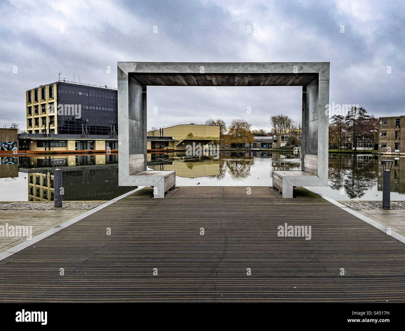 Contemporary covered seating area overlooking the lake at York University's west campus. UK - Smartphone Captured Stock Image