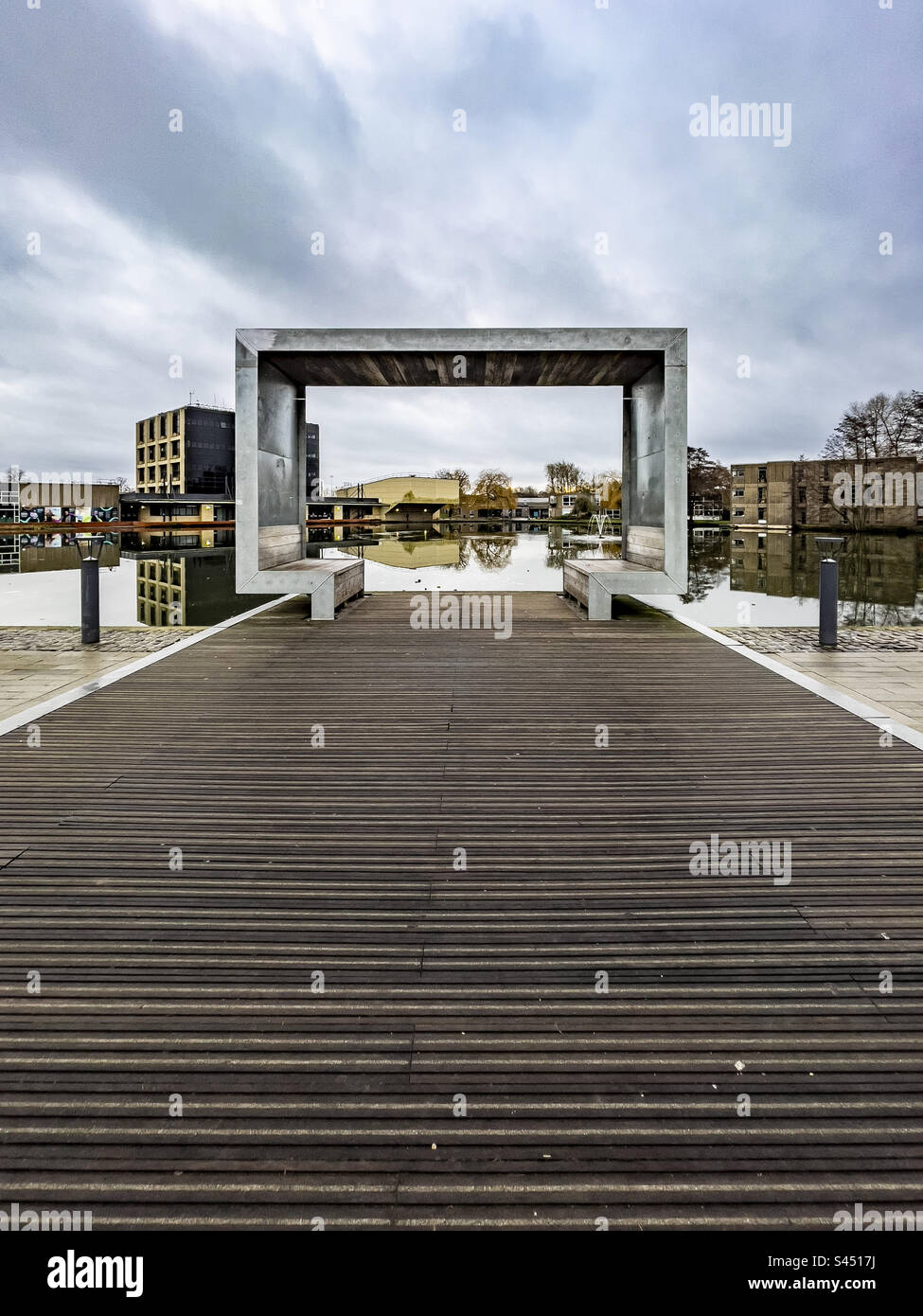 Contemporary covered seating area overlooking the lake at York University's west campus. UK - Smartphone Captured Stock Image