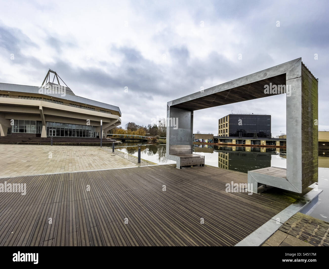 Contemporary covered seating area overlooking the lake at York University's west campus. UK - Smartphone Captured Stock Image